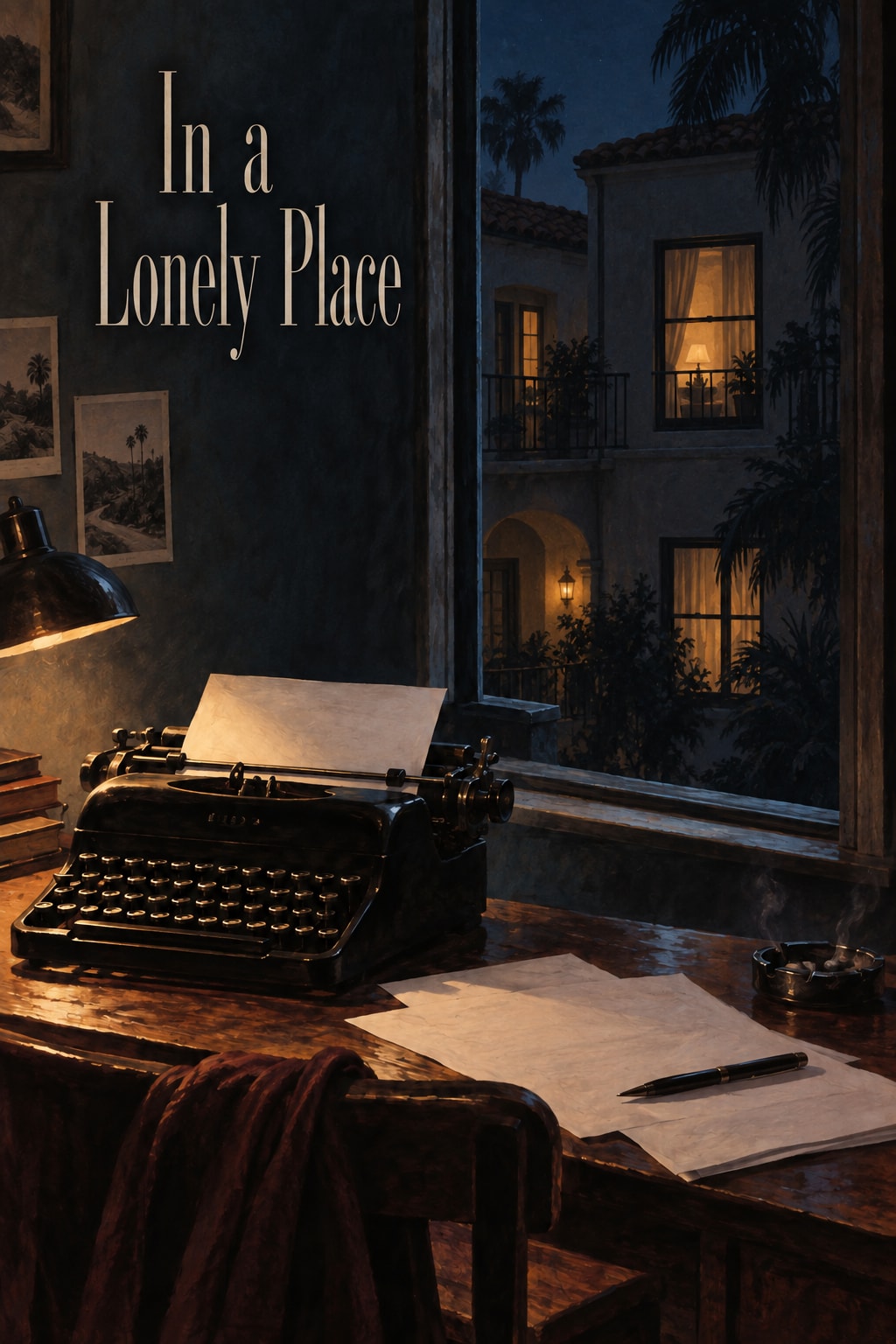 Original illustration for In a Lonely Place: A typewriter and loose pages sit on a desk beside a window overlooking a dim courtyard.