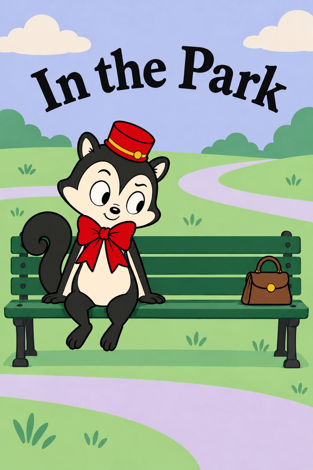 Momo sits on a green park bench and looks sideways at a small brown handbag.