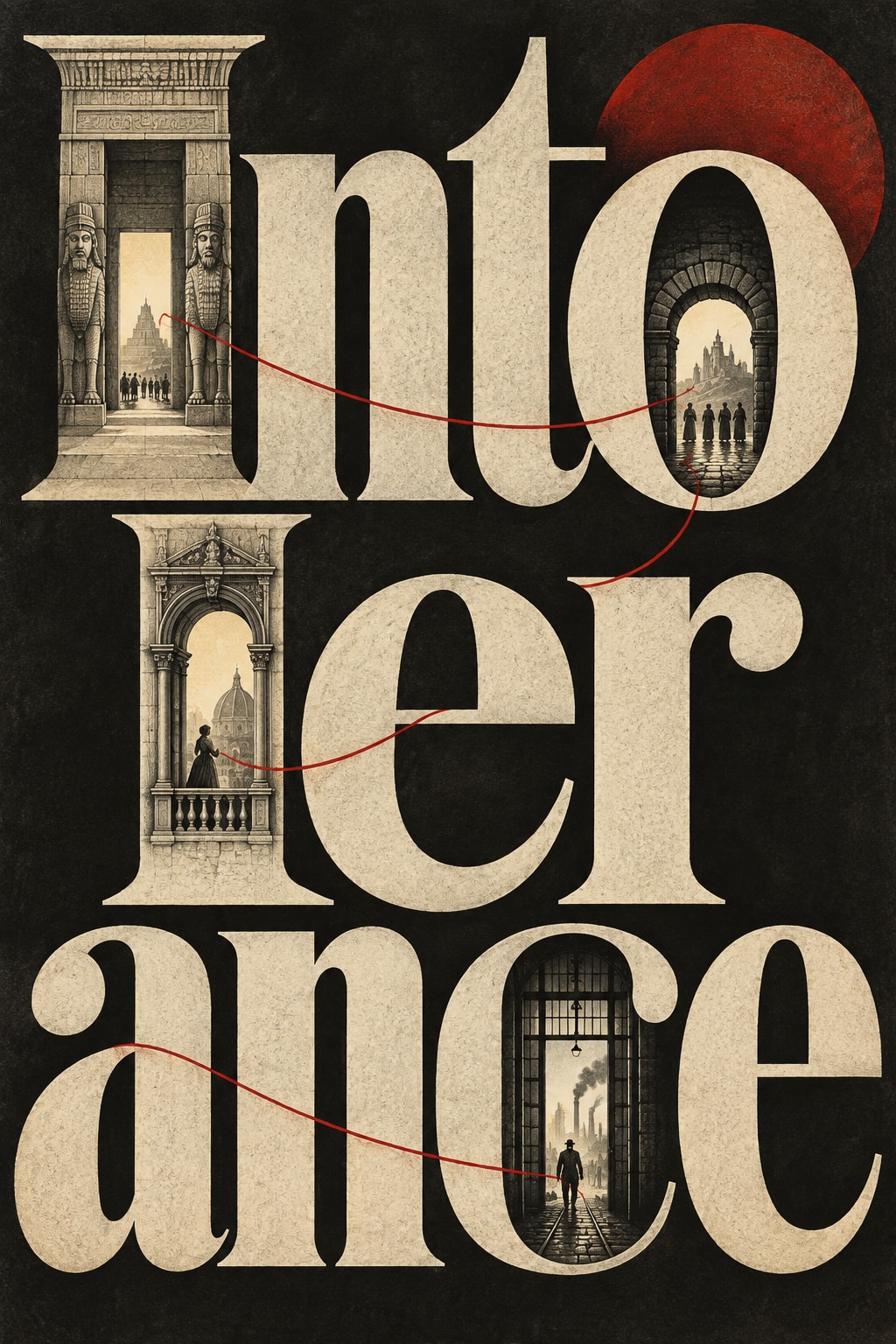 Intolerance — Monumental lettering frames four doorways from different historical worlds.