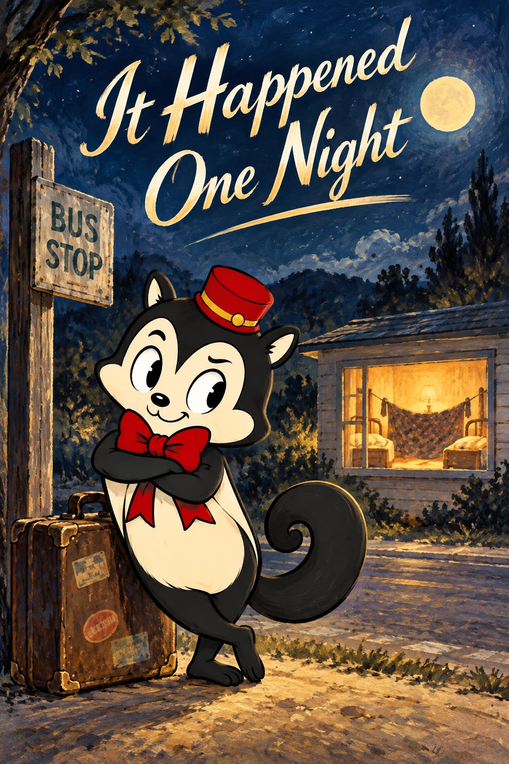 It Happened One Night: Momo waits beside luggage and a bus-stop sign outside a lamplit roadside cabin.