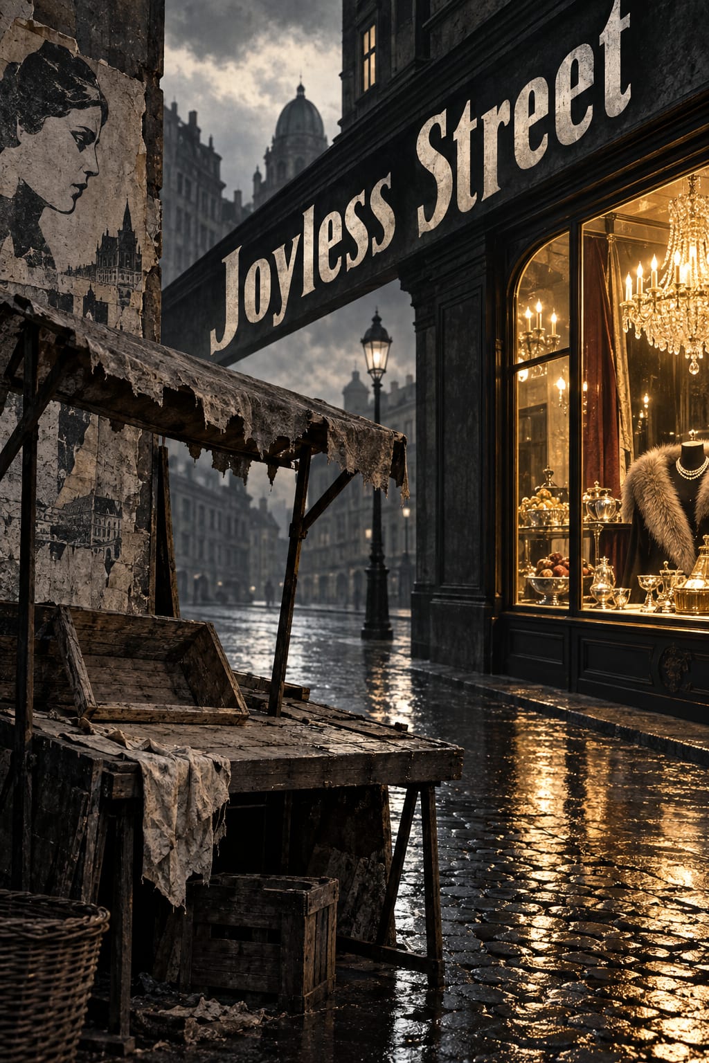 An empty market stall faces a brightly lit shop across a wet street.