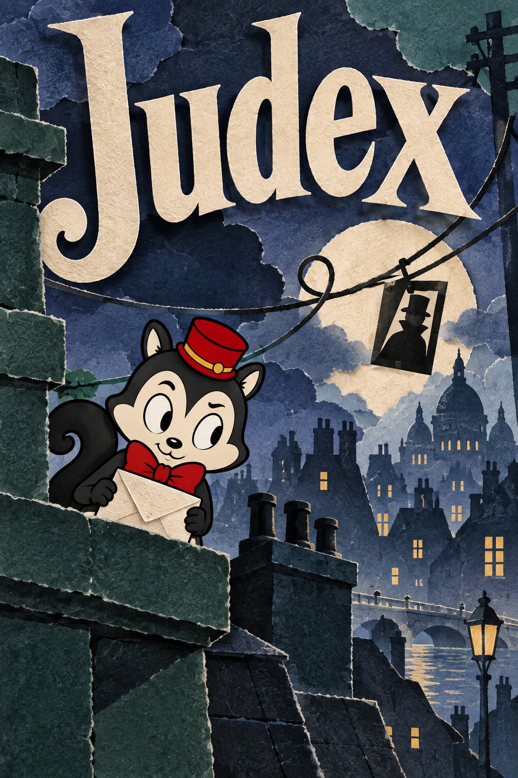 Original illustration: Large cream Judex lettering above layered paper rooftops, a folded message and Momo on a parapet.