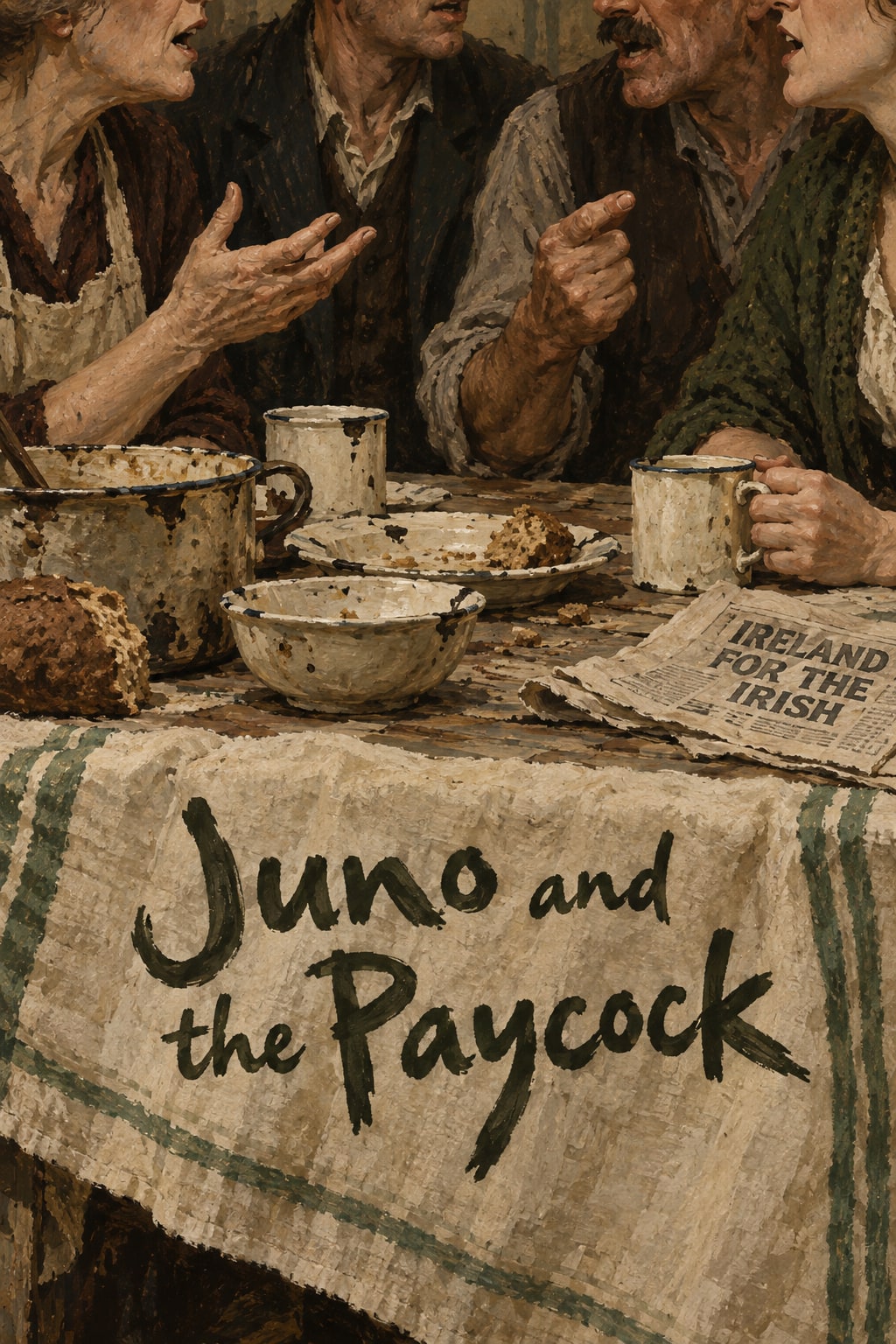 Newspaper fragments, talking mouths and hands overlap around a table.