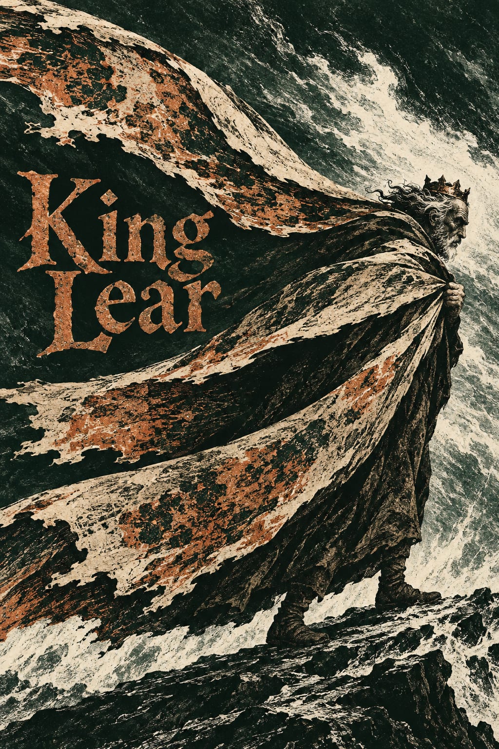 A king's windblown cloak stretches across a stormy rough black, green and copper print.