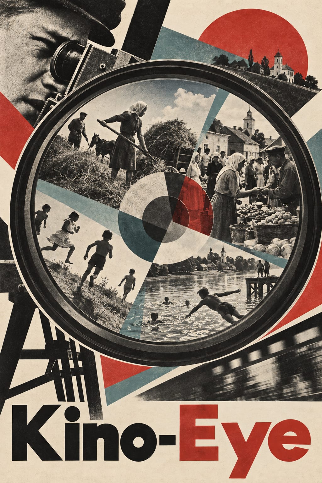 A lens-shaped frame gathers scenes of work, market, play and swimming.