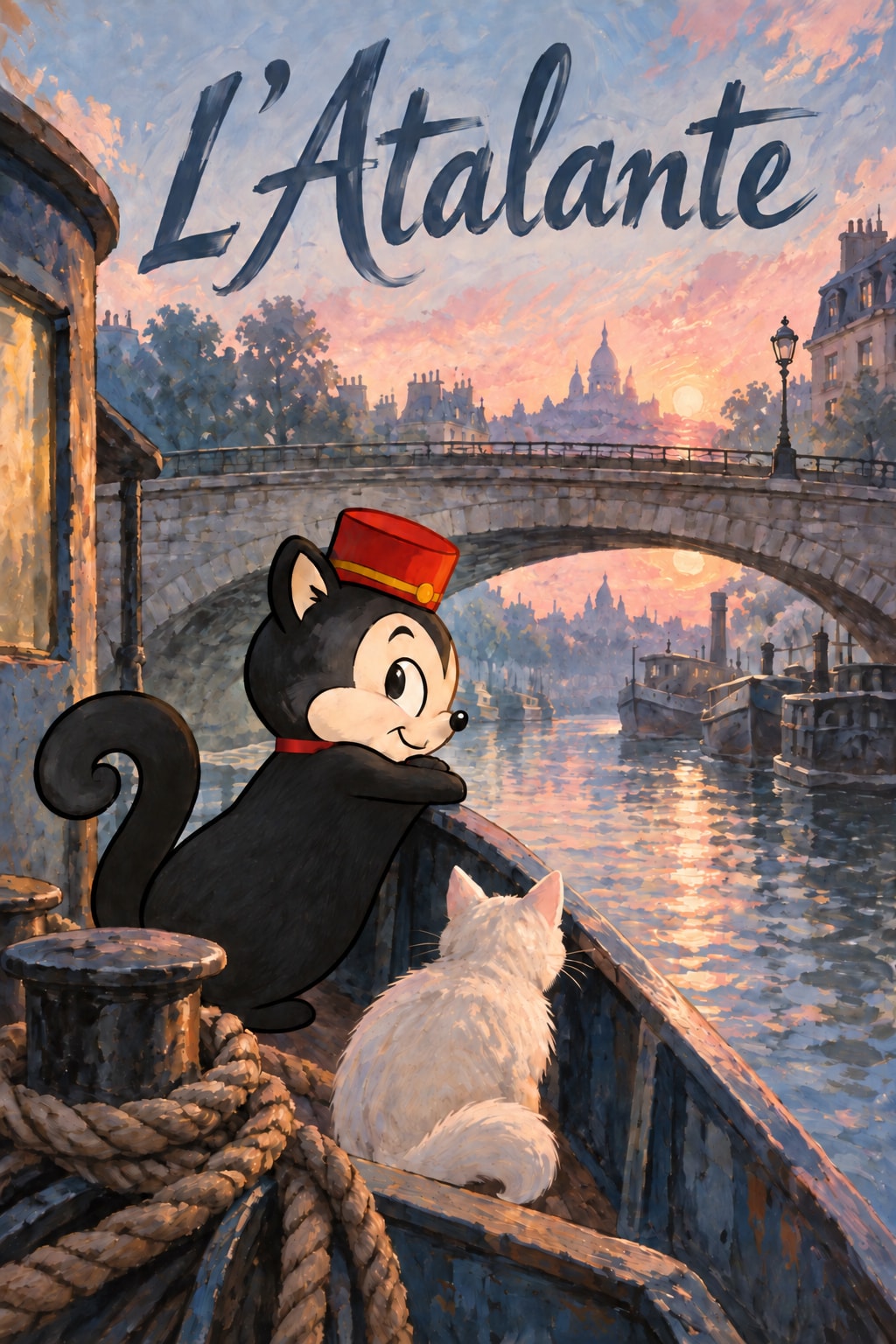 L'Atalante — Momo wears a narrow red neck strap while leaning on a boat beside a white cat in a glowing river sunset.