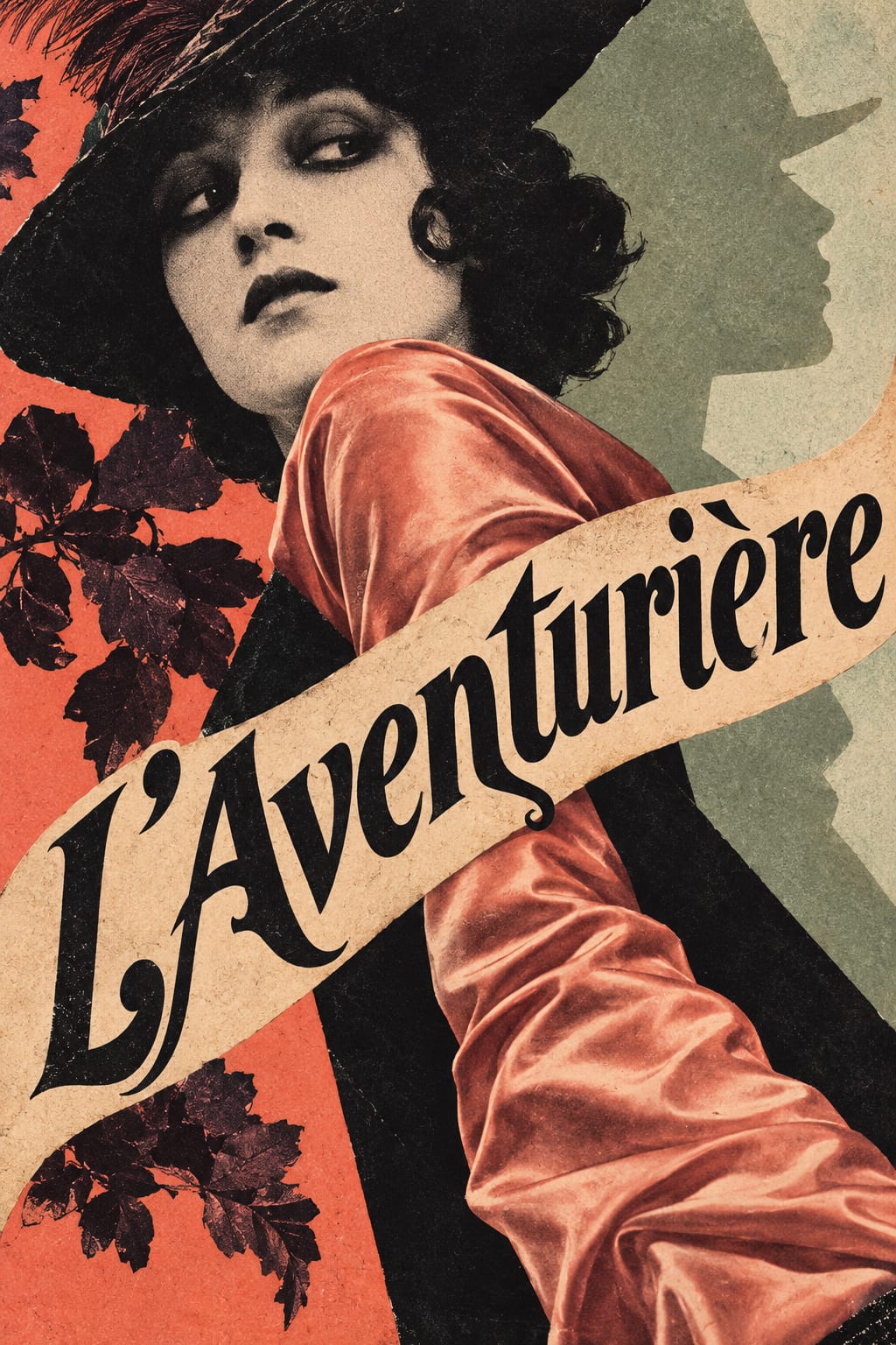 A woman in a coral silk sleeve turns beneath a broad ribbon bearing L'Aventurière.