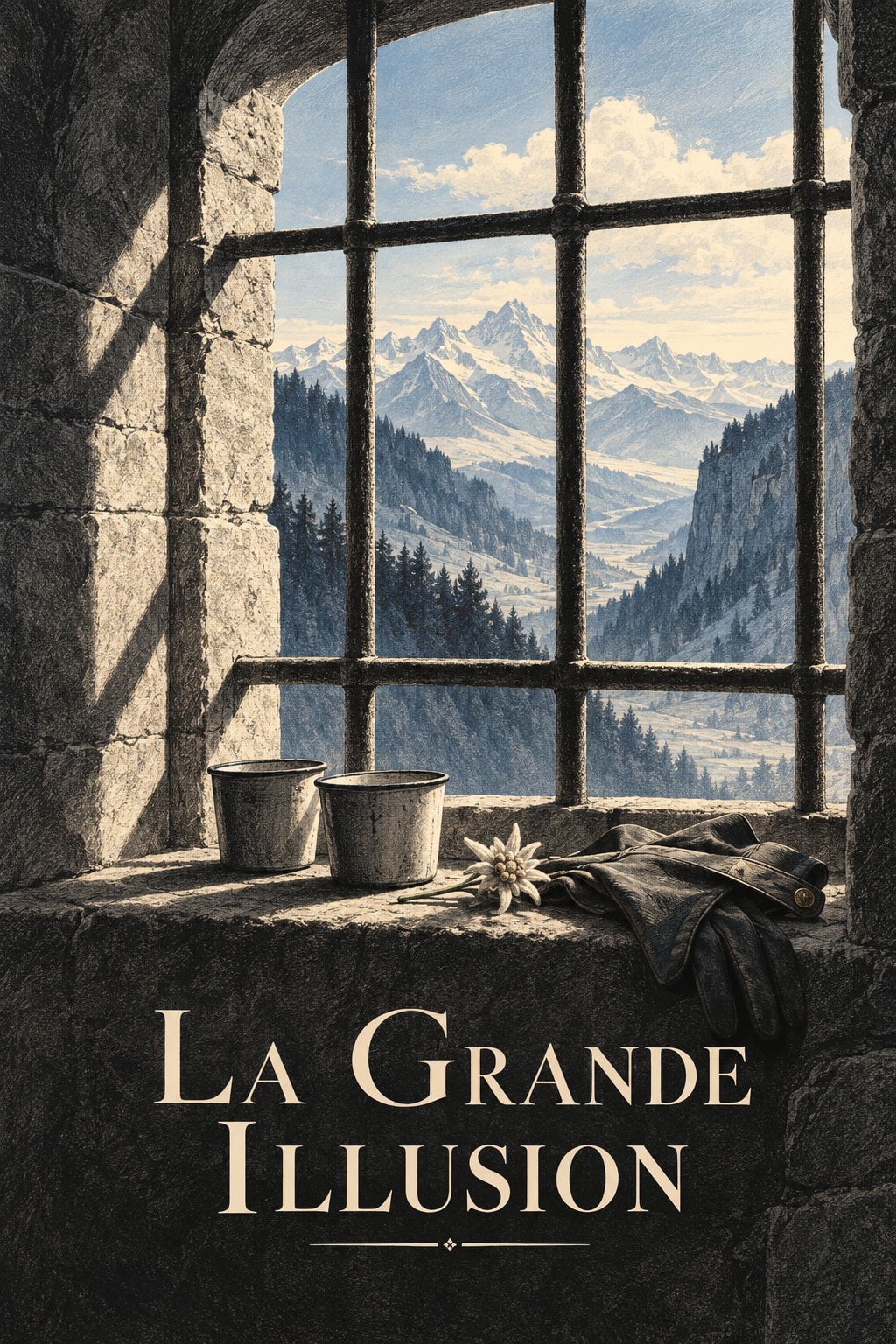 La Grande Illusion: Two metal cups and a flower sit behind prison bars overlooking distant mountains.