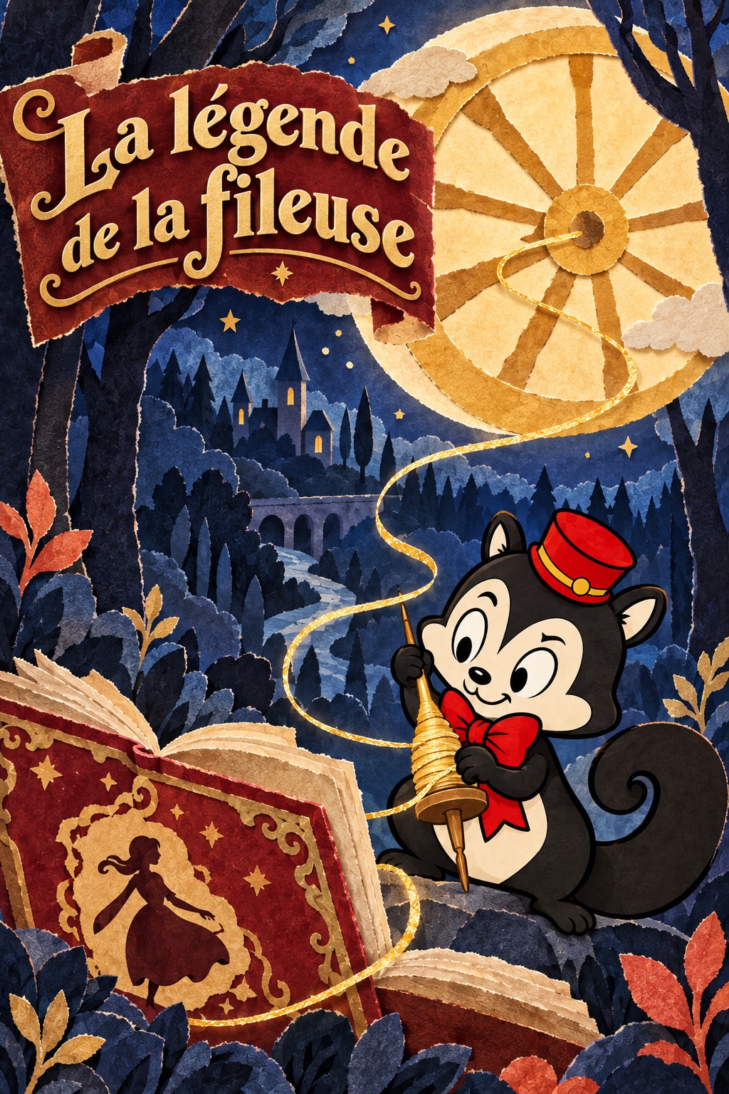 Original illustration: A golden paper spinning wheel, curling thread and open storybook in a layered blue forest, with Momo beside the wheel.