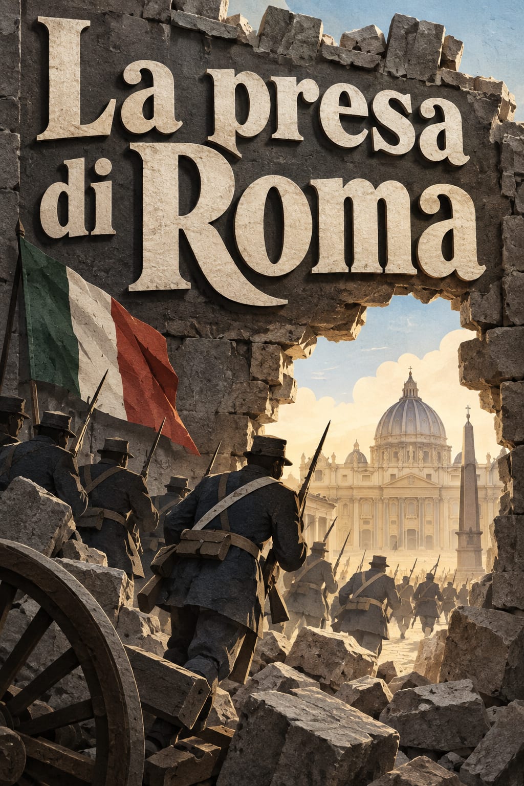 A breached stone wall frames soldiers and Rome's skyline beneath the title.