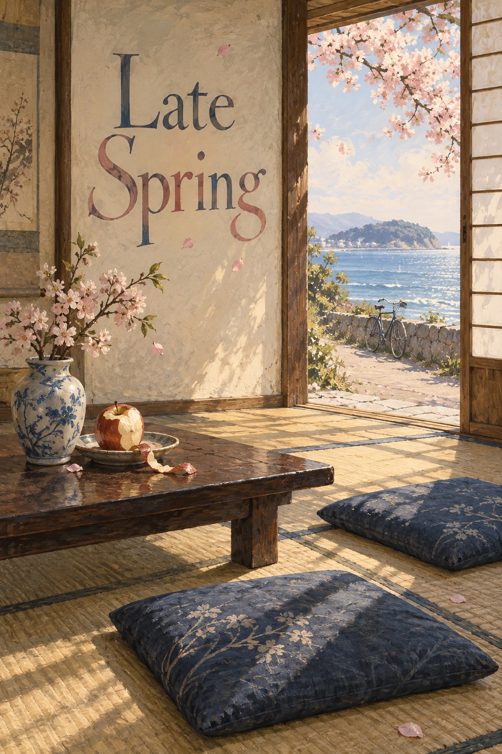 Late Spring: Two cushions, an apple and a vase of blossom fill a quiet room facing the sea.