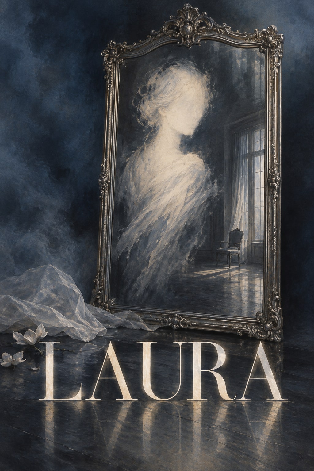 A blurred pale portrait in an ornate frame stands above LAURA lettering on a dark, reflective floor.