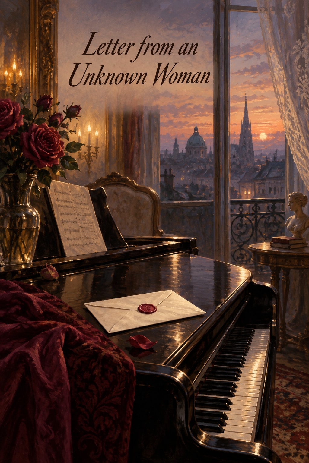 Original illustration: A sealed letter and roses rest on a grand piano beside a window overlooking Vienna at dusk beneath the title.
