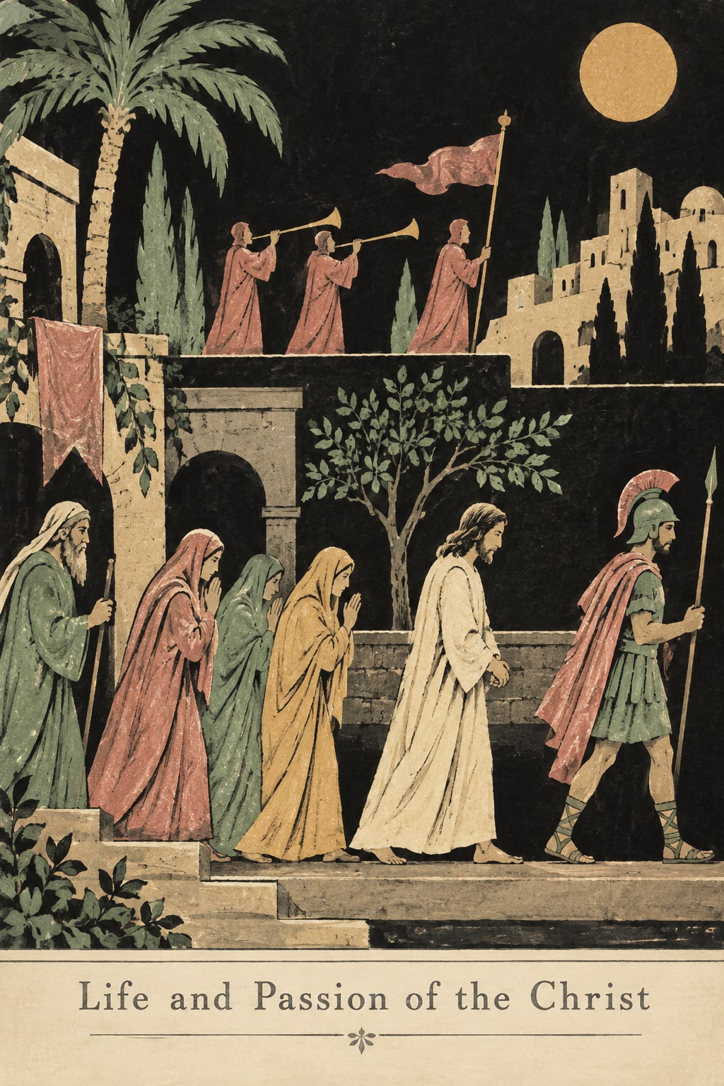Robed figures move across shallow theatrical stages in muted hand-applied colors above the title Life and Passion of the Christ.