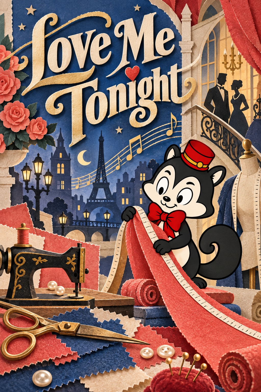 Original illustration: Tailoring scissors, buttons and cloth form a paper cityscape, with Momo drawing a strip of red fabric beneath the title.