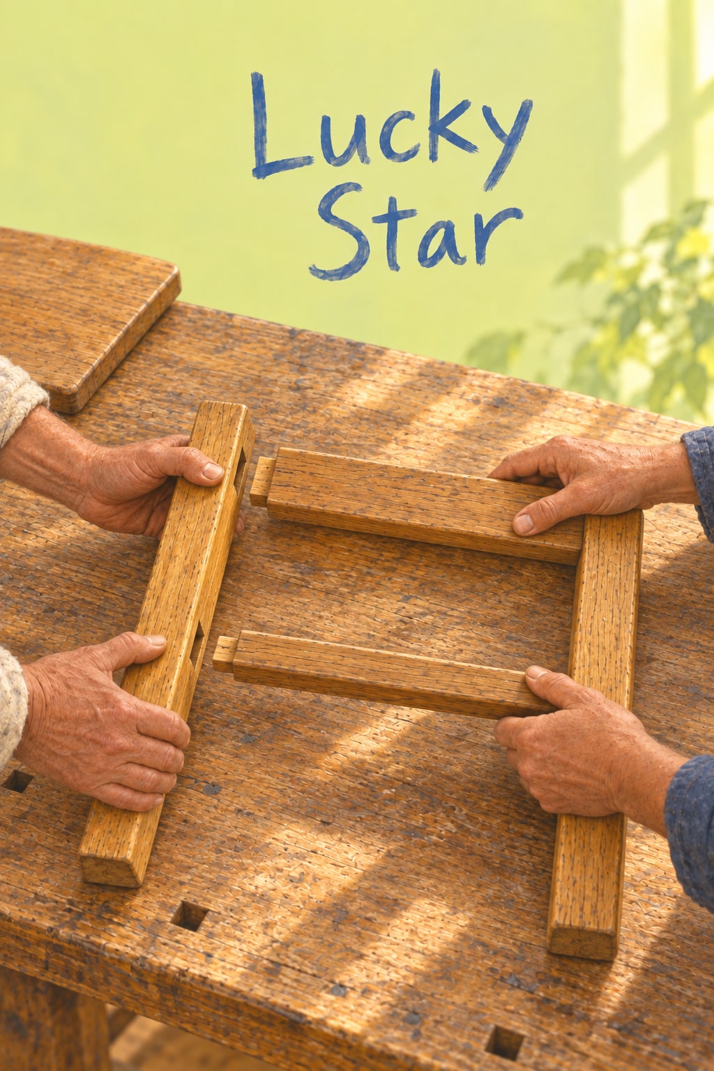 Two pairs of hands hold wooden pieces together on a sunlit workbench.