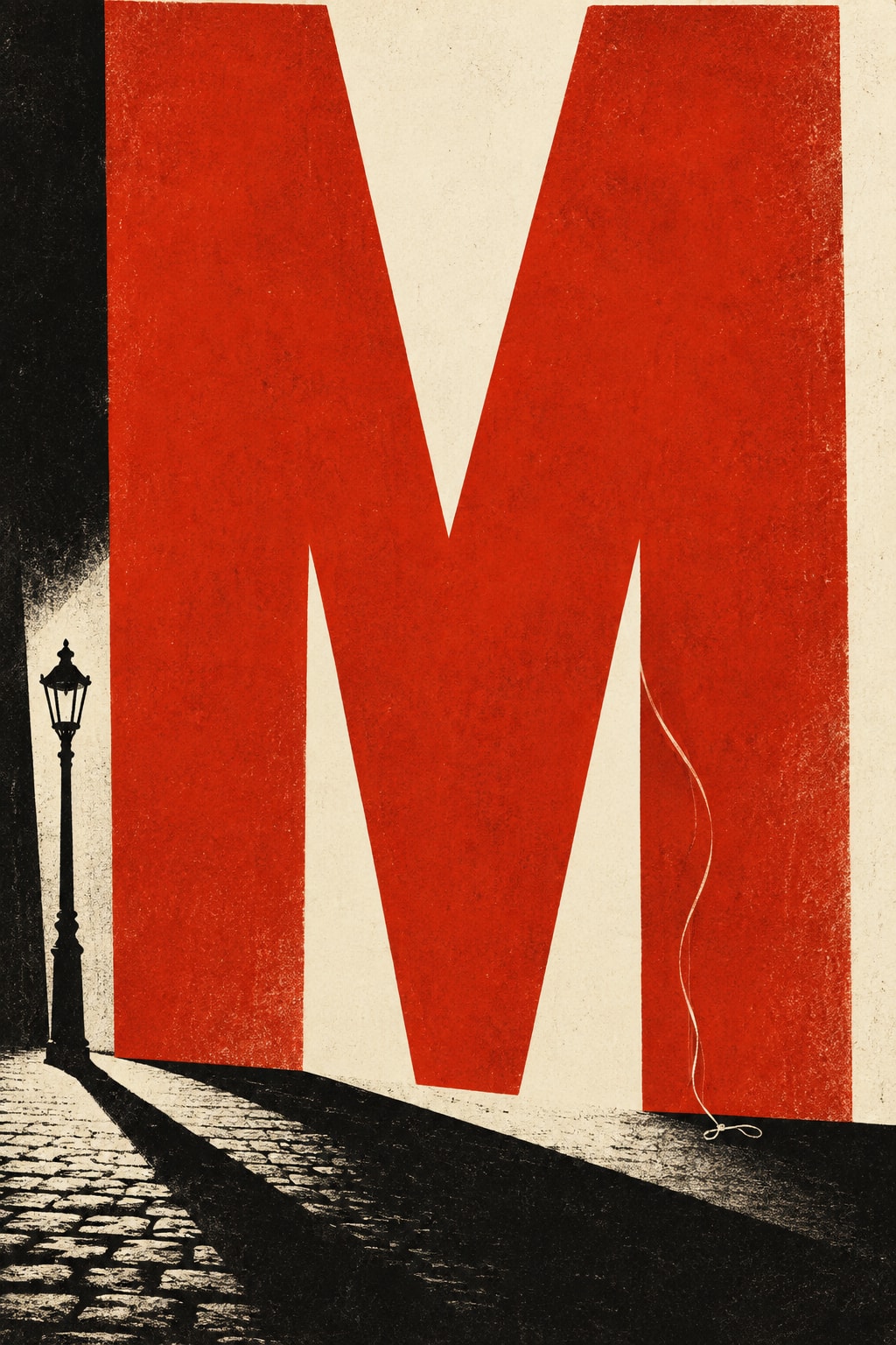 M: A monumental red M towers over a streetlamp, an empty balloon string and cobbled shadows.