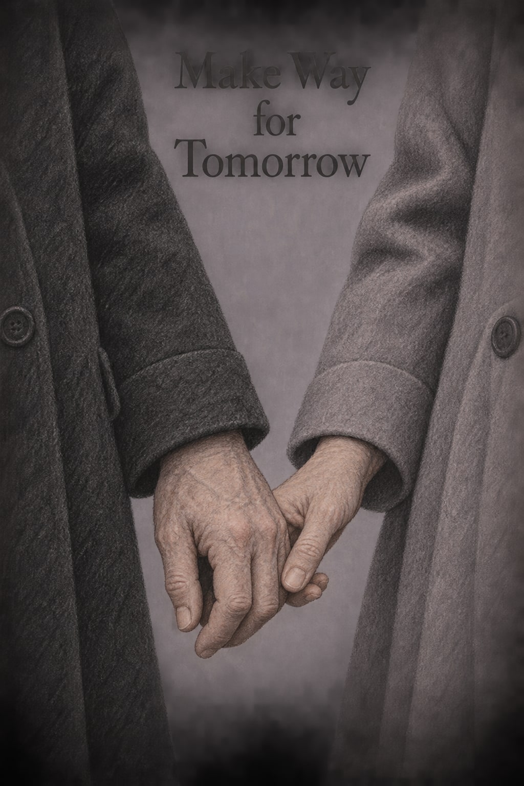 Two adjacent hands gently touch between dark and light coat sleeves beneath the film title.