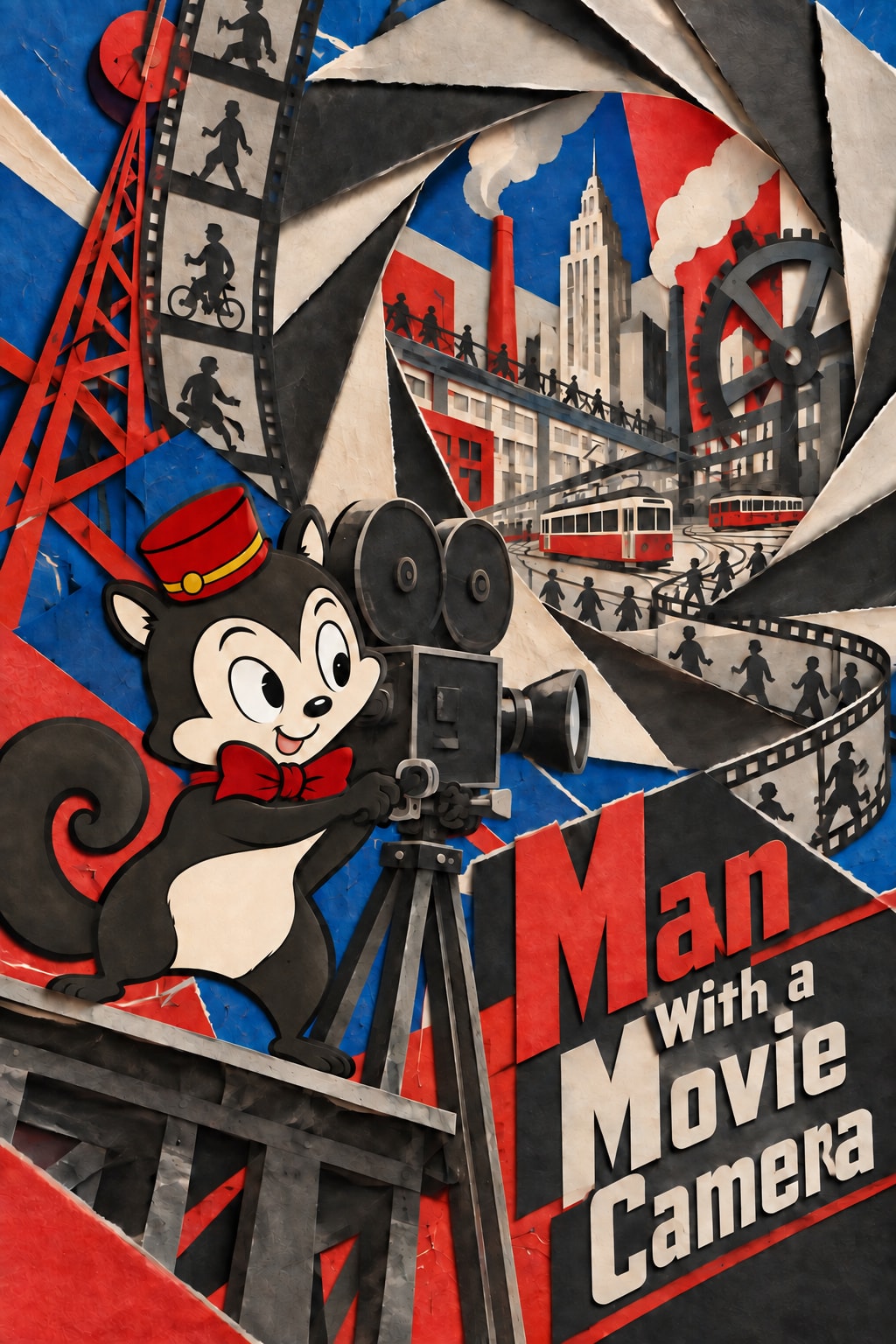 Man with a Movie Camera — Momo operates a movie camera amid constructivist paper shapes, film strips and city trams.