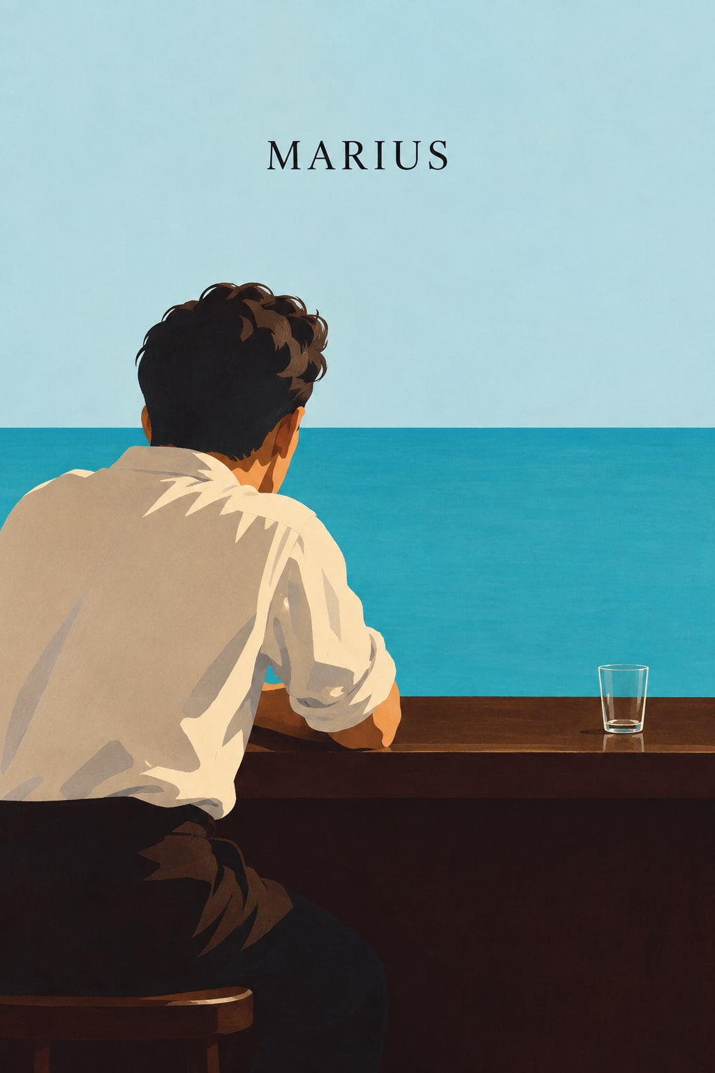 A man sits with his back to us at a wooden counter, facing a turquoise sea beside an empty glass.