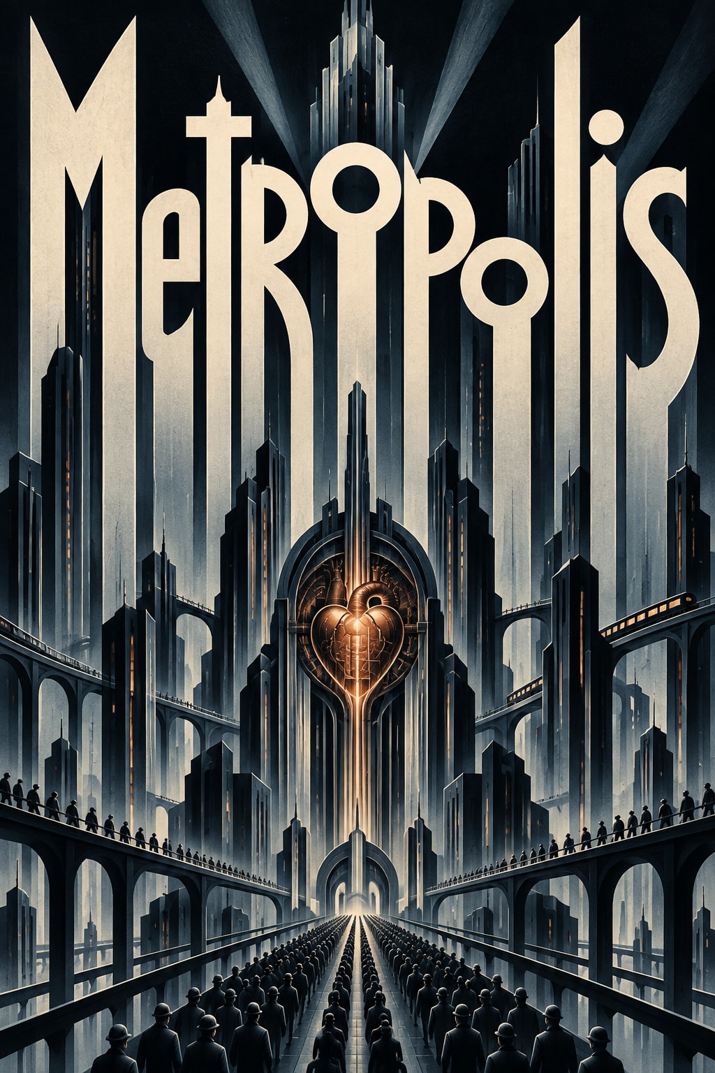 Metropolis — Monumental ivory lettering rises over a mechanical city and a small copper heart.