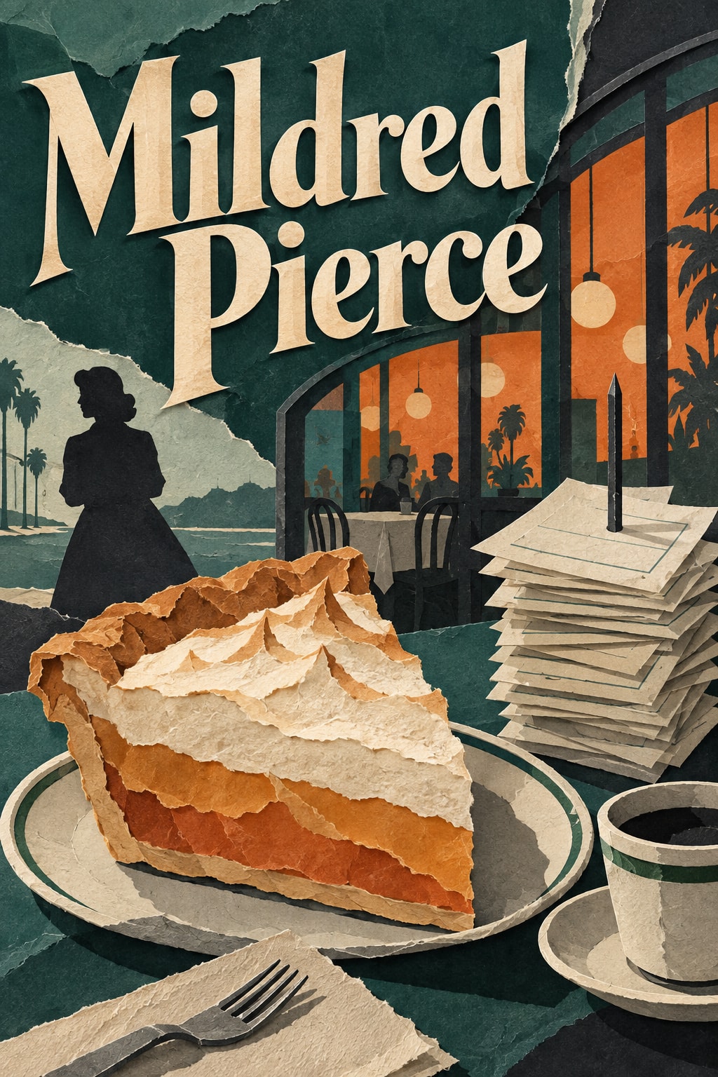 Original illustration: A large cut-paper slice of pie, restaurant order slips, coffee cup and restaurant windows beneath Mildred Pierce lettering.