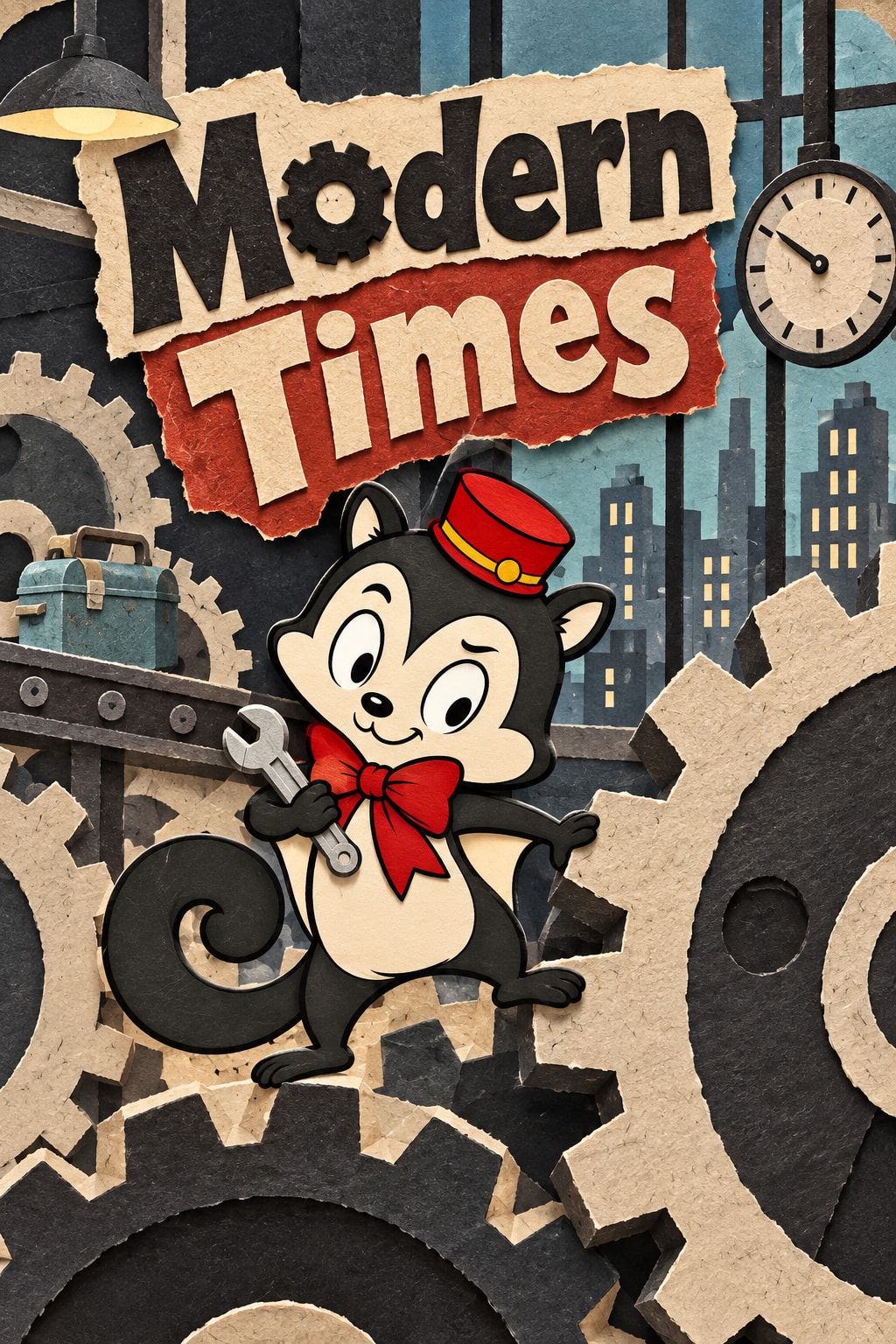 Modern Times: Momo holds a wrench among large paper gears, a conveyor belt and a factory clock.
