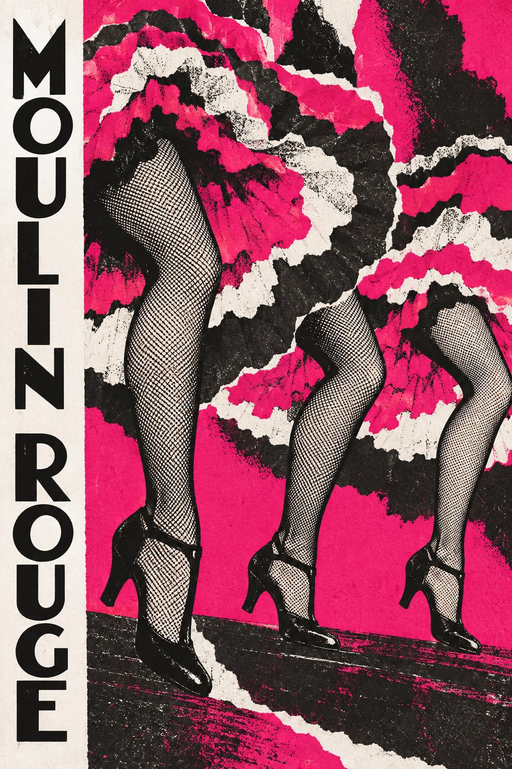 High-kicking legs in stockings emerge from layered pink, white and black ruffles.