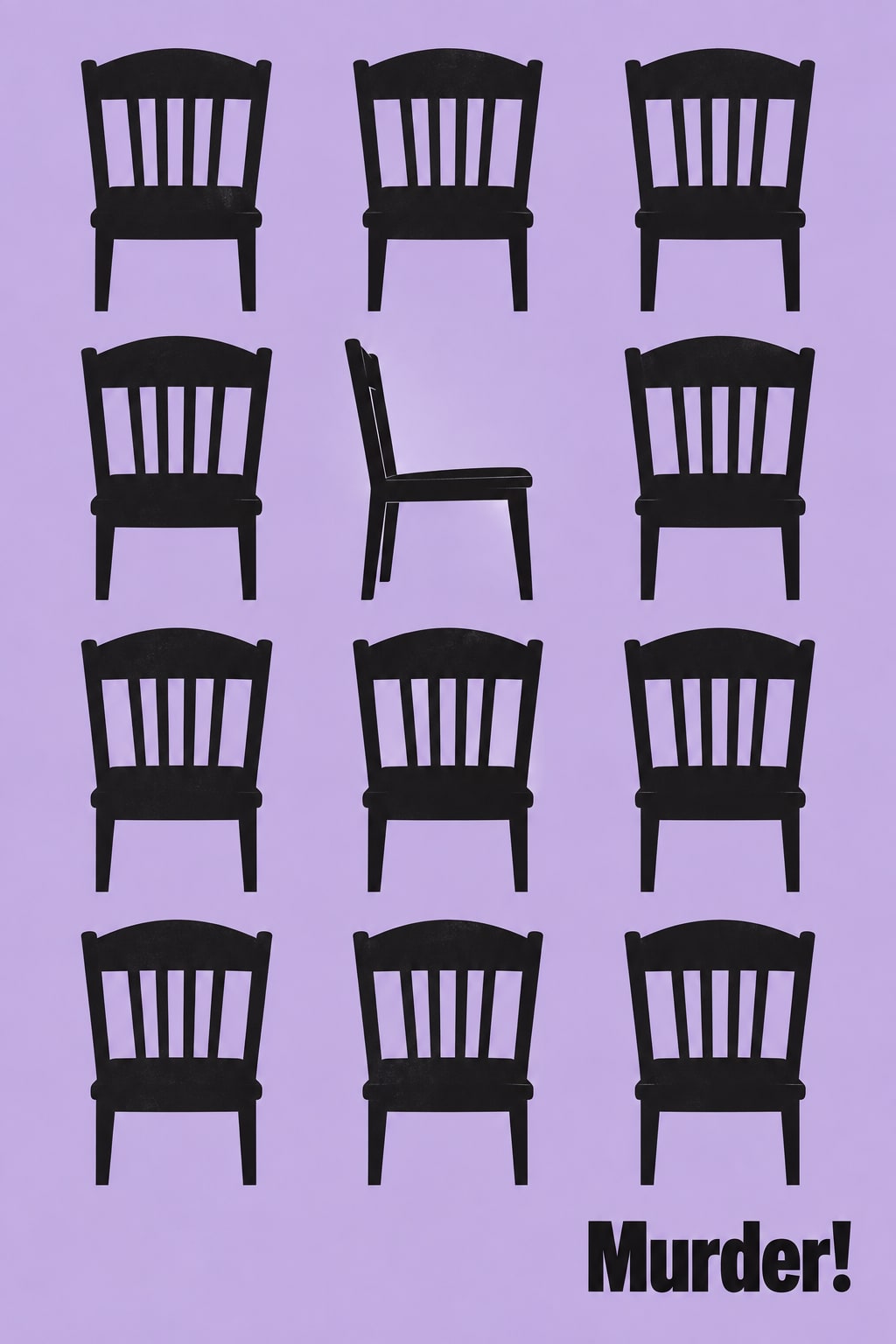 Twelve black chairs form a grid on lilac; one is shown in profile.