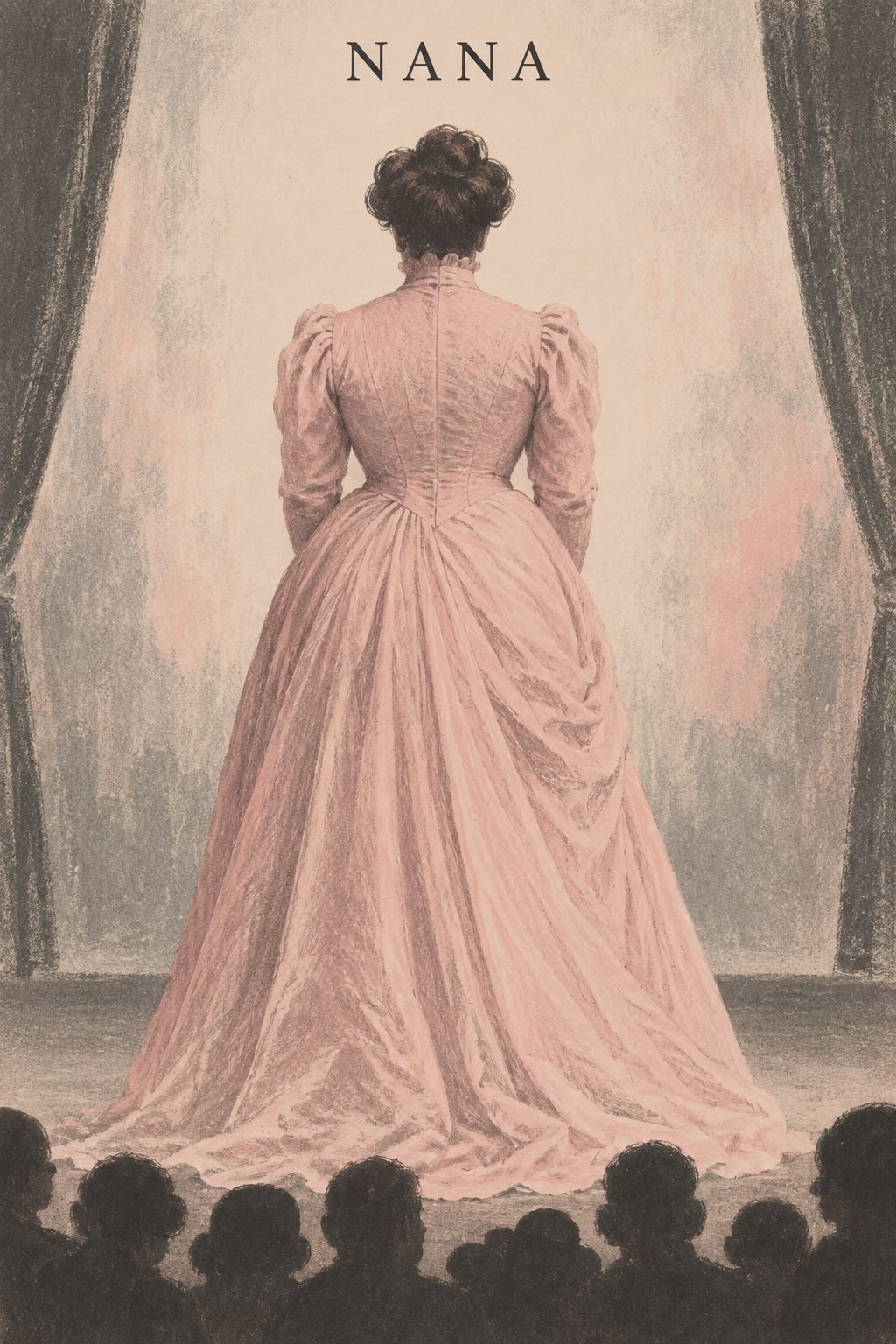 A woman in a long pale pink dress faces away from us between curtains, above audience silhouettes.