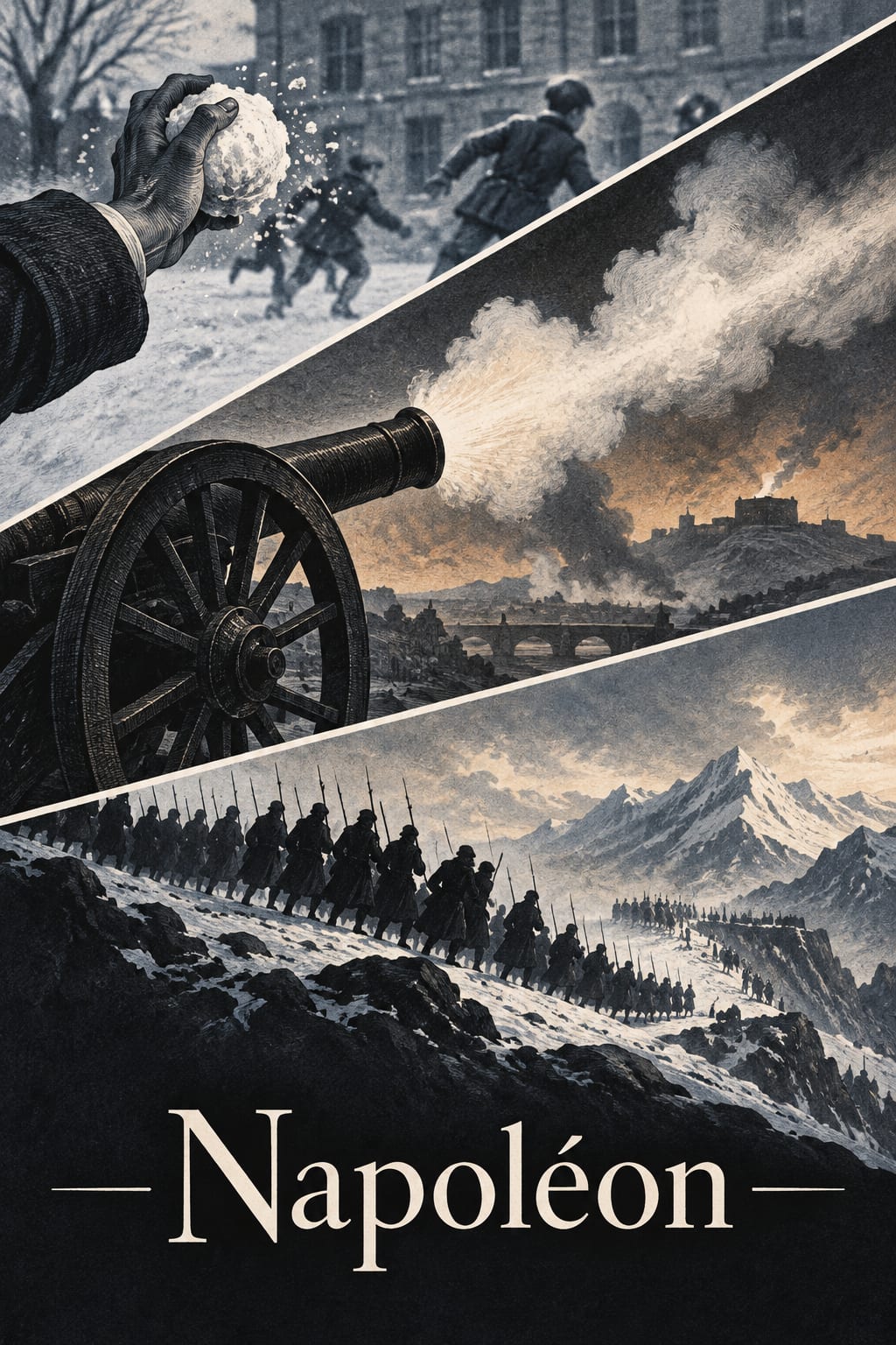 Three diagonal panels link a snowball, a cannon and marching soldiers.