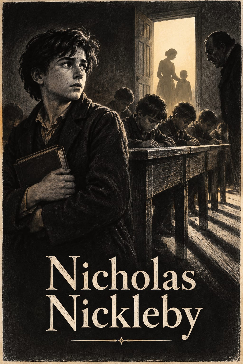 A young boy stands before a shadowed schoolroom and a bright doorway.