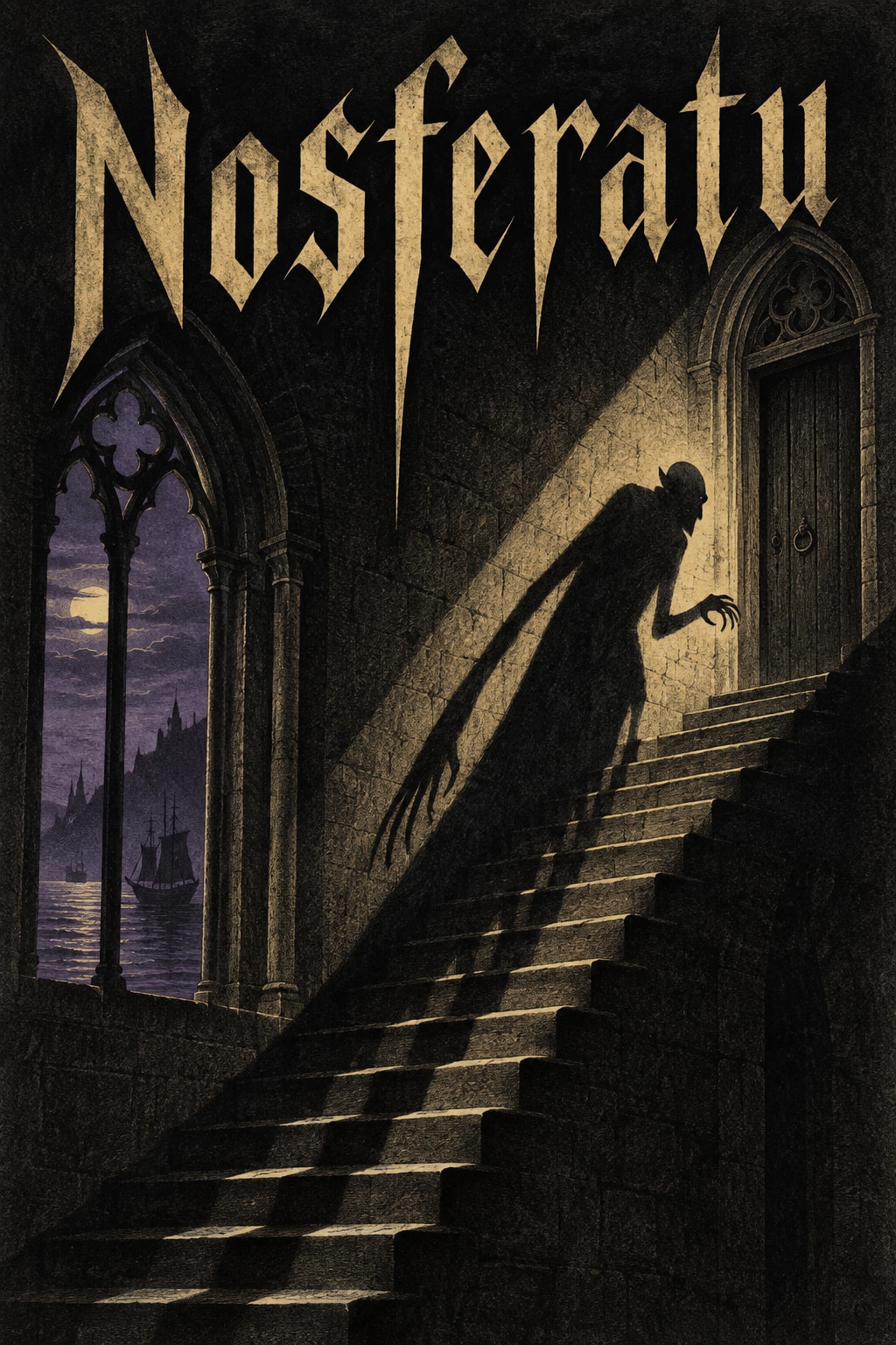 Nosferatu: An elongated shadow climbs a dark engraved staircase beside a moonlit Gothic window.