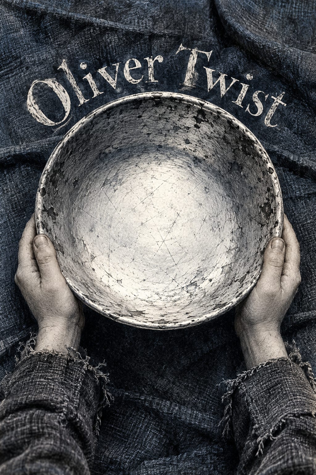 Two small hands support a large empty battered tin bowl against dark cloth.