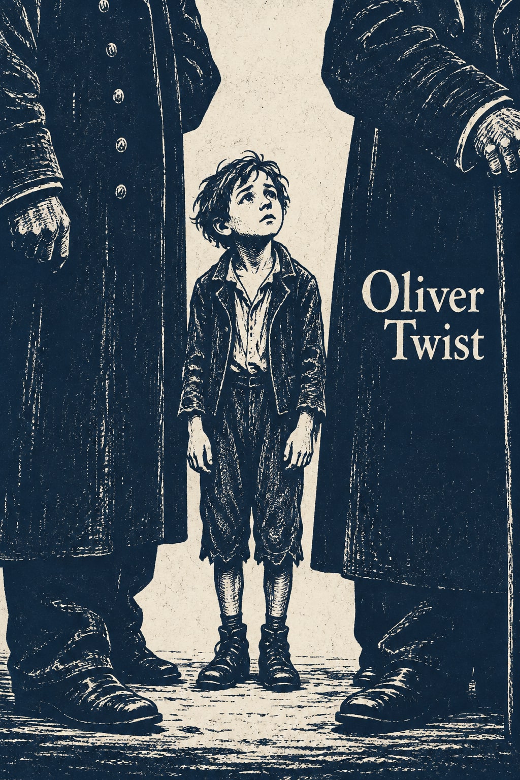 A small boy looks upwards between two much taller figures in dark coats.