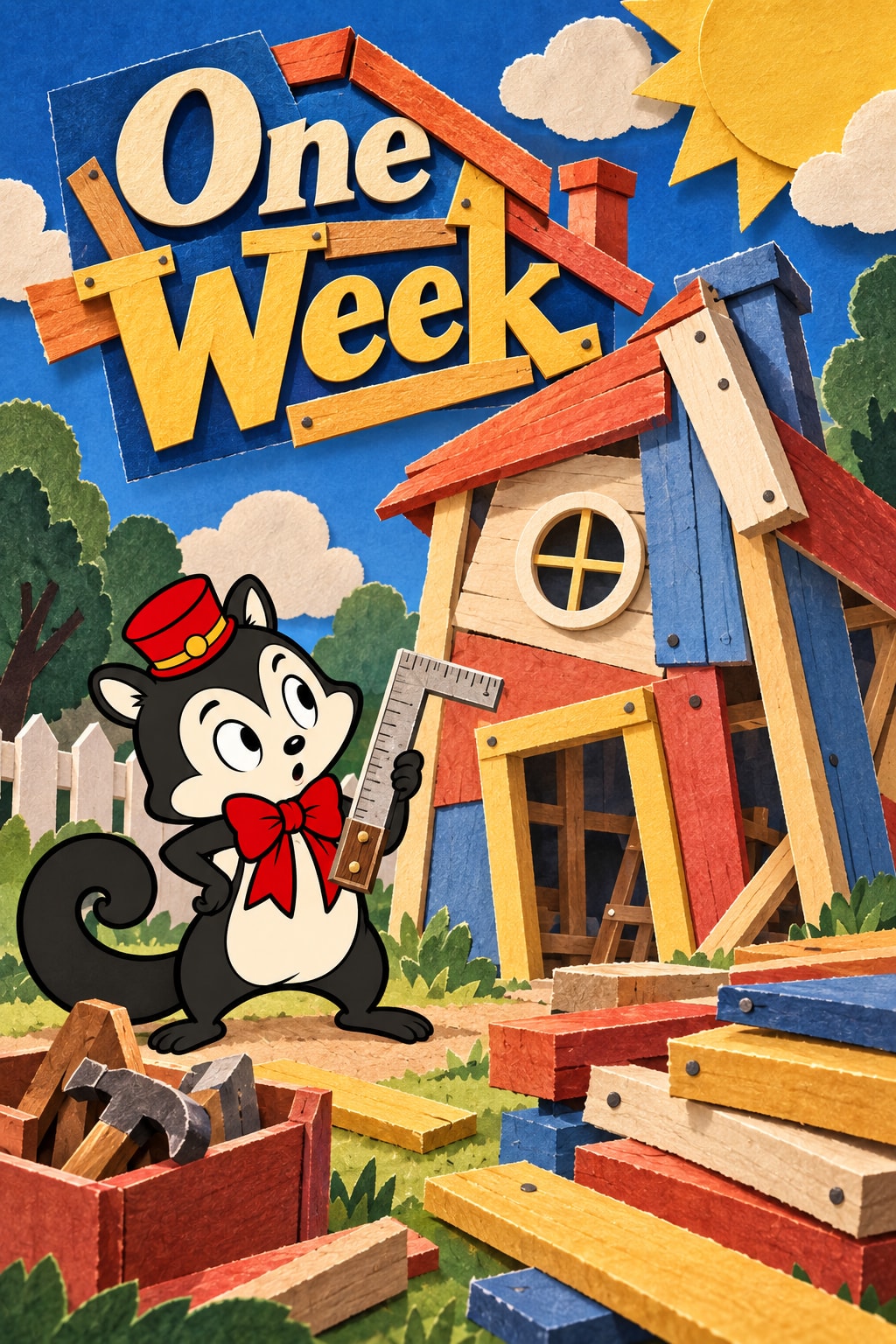 Original illustration for One Week: A charming impossible prefabricated wooden house assembled from visibly wrong-size paper panels, crooked but physically legible, tilted roof and one round window.