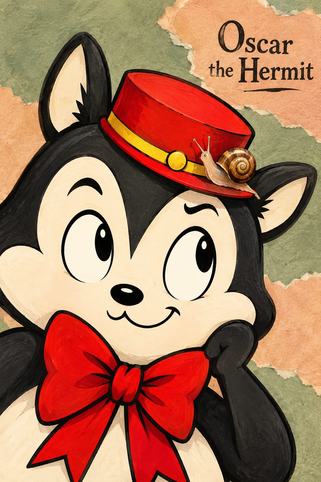Momo looks up at a small snail crossing the brim of his red hat.