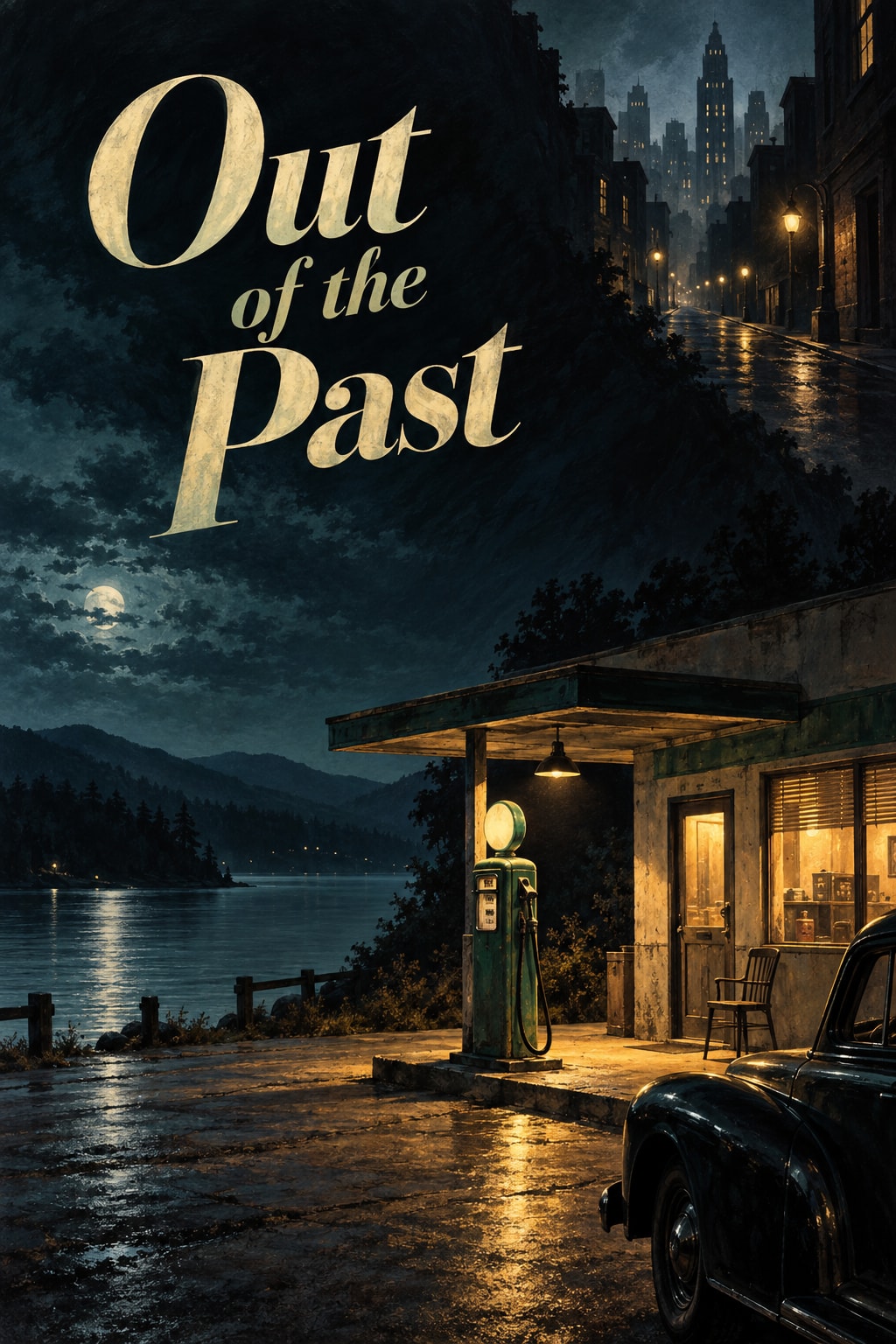 Original illustration for Out of the Past: A small roadside petrol station by a still lake lies below a vast diagonal night shadow that becomes a distant city street.