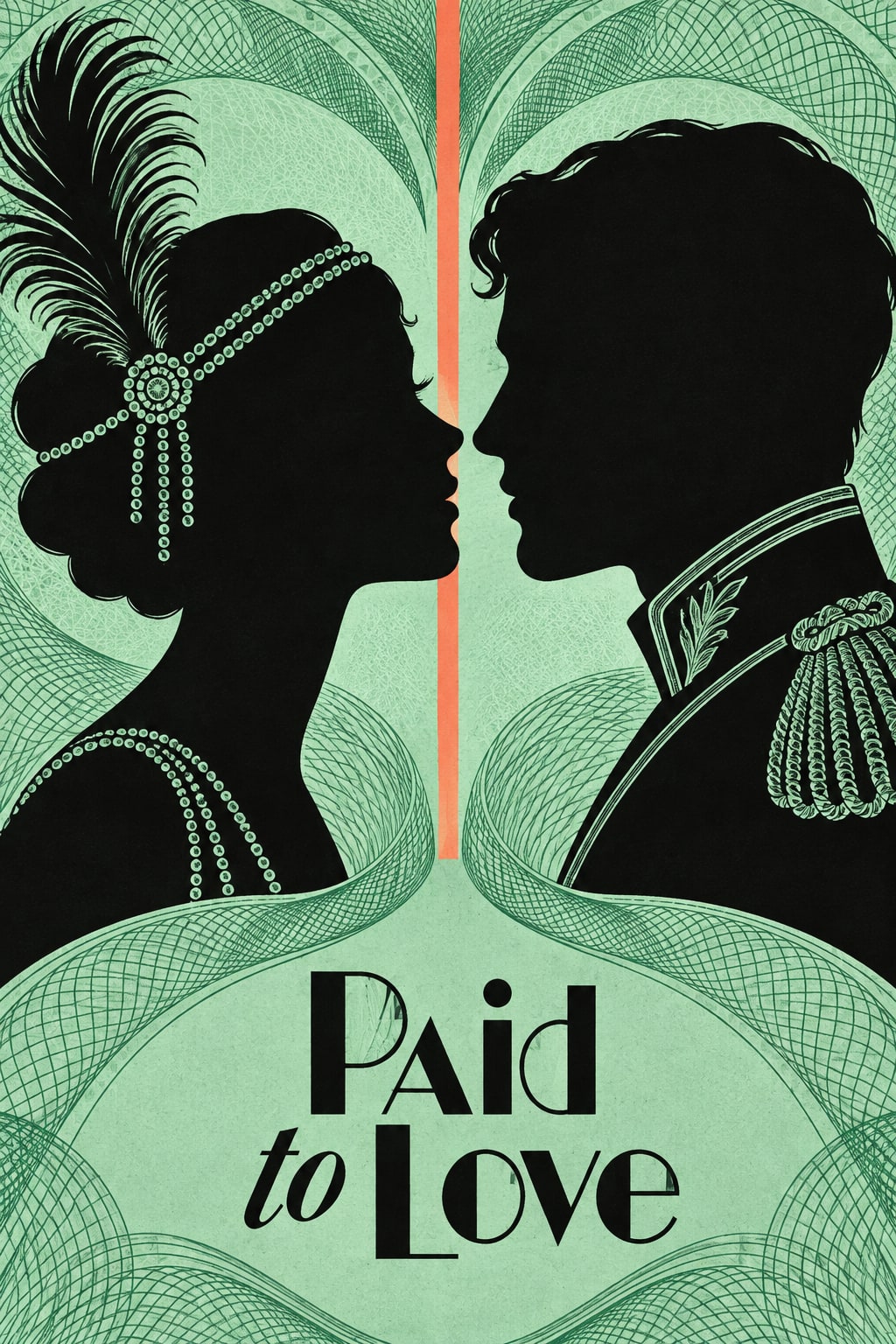 Two black profiles face each other above the title, framed by fine green ornamental lines.