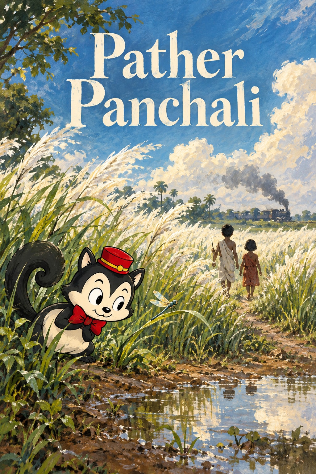 Pather Panchali: Children follow a path through sunlit grasses toward a distant train while Momo watches a dragonfly.
