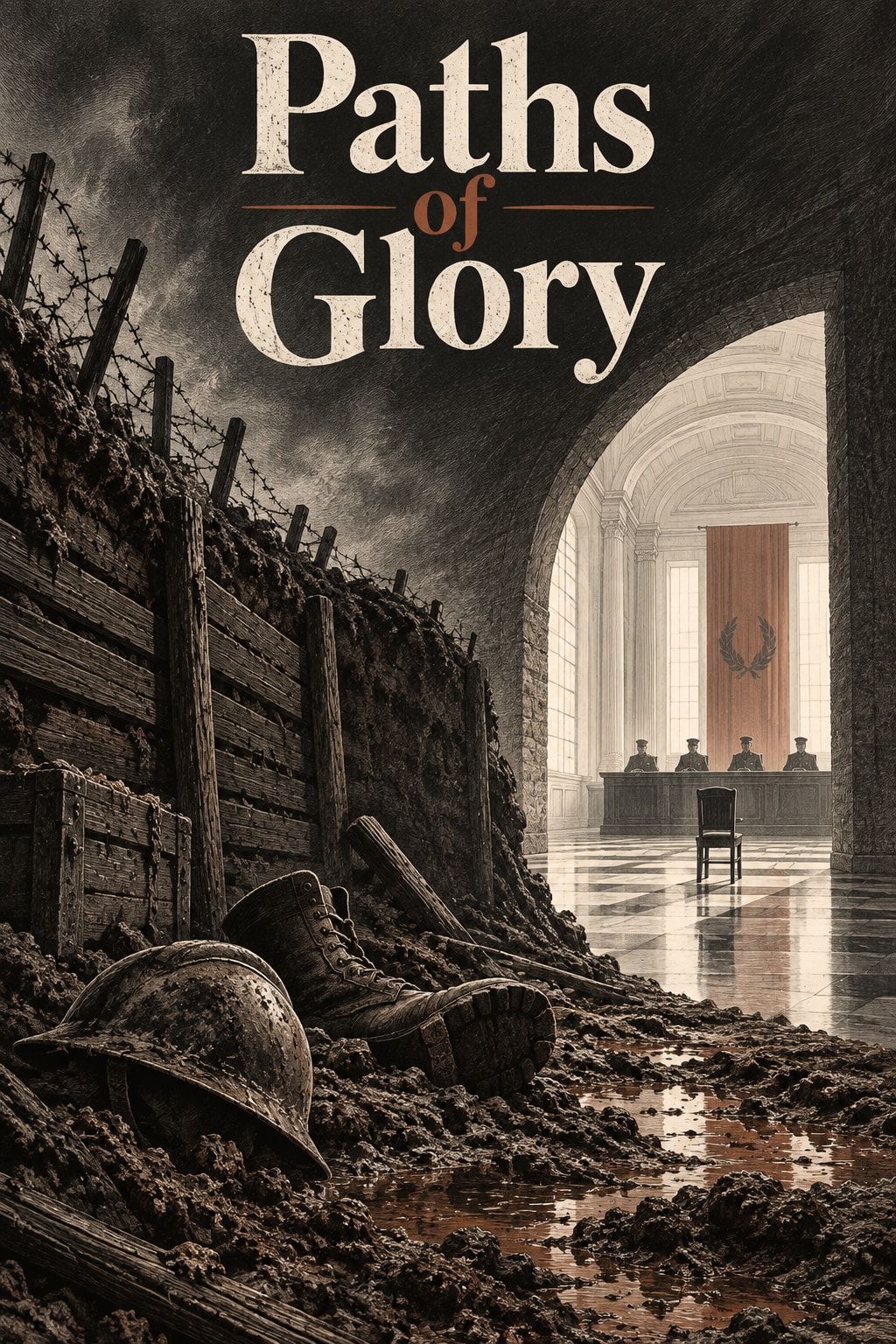 Paths of Glory: An engraved trench opens into a bright military courtroom with an empty chair.