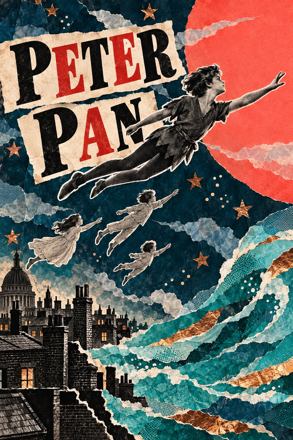 Four flying figures cross a collage of stars, a red moon, London rooftops and turquoise waves.