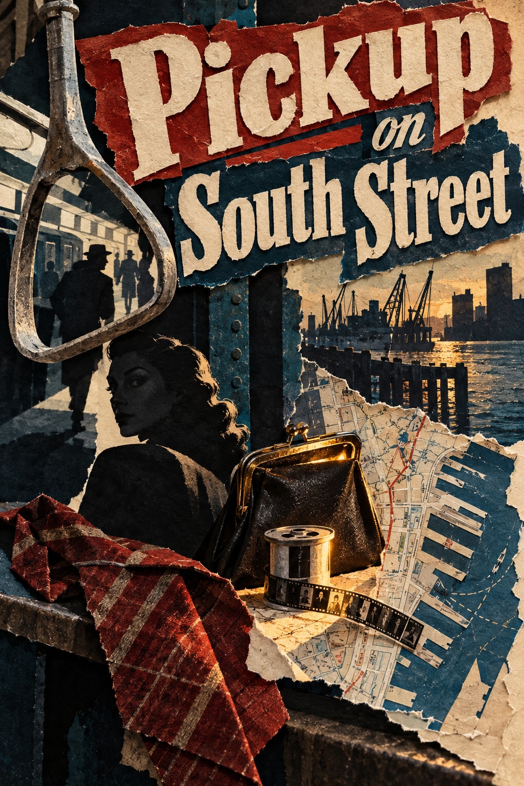 Pickup on South Street — A purse and microfilm appear over fragments of a city map.