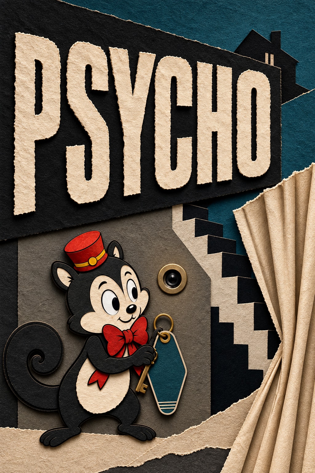 Psycho — Giant ivory lettering, a staircase, curtain and dark house frame Momo holding a motel key.