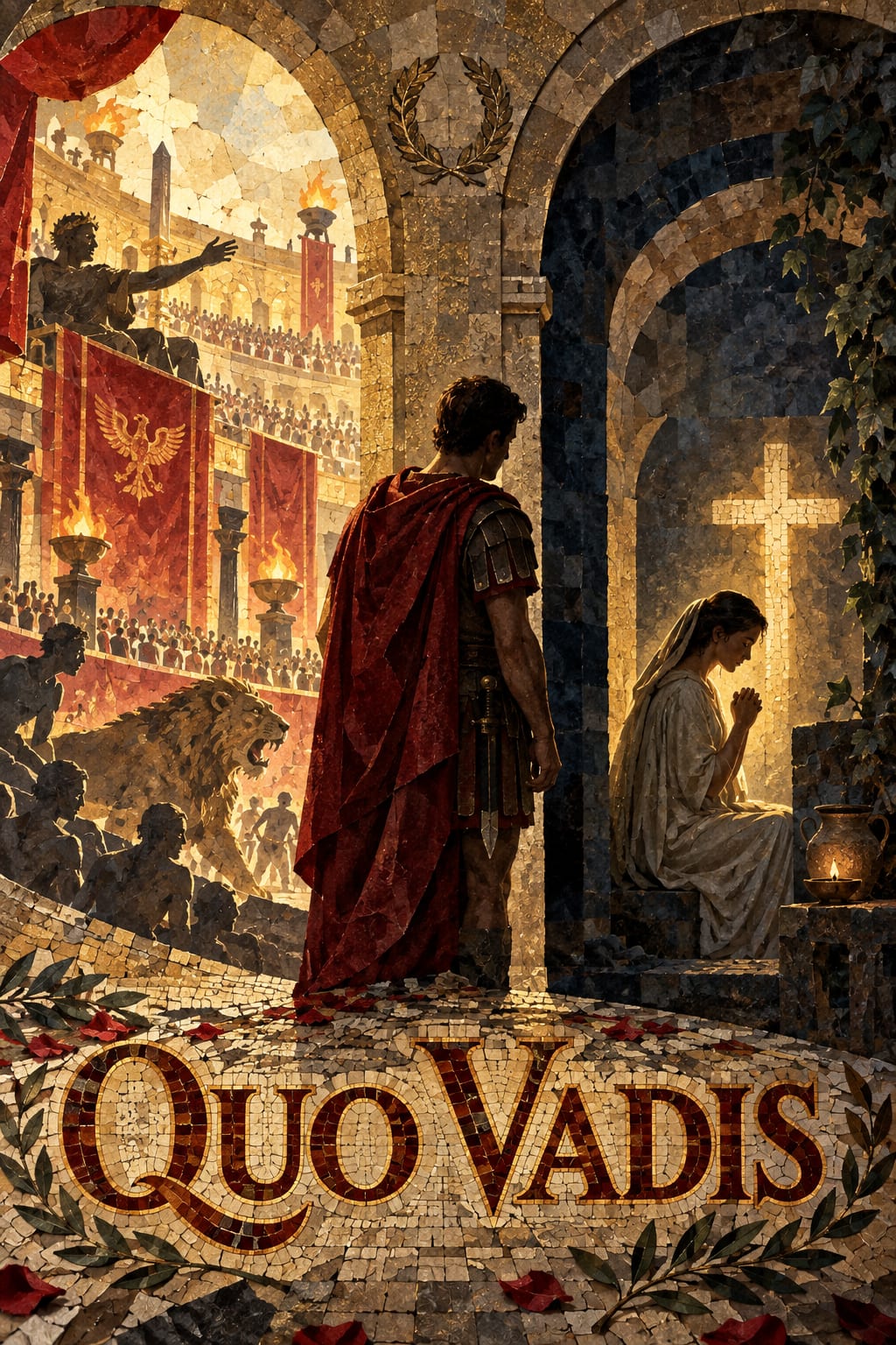 A Roman figure faces a sunlit crowd through an arch while a small figure kneels in a dim alcove.