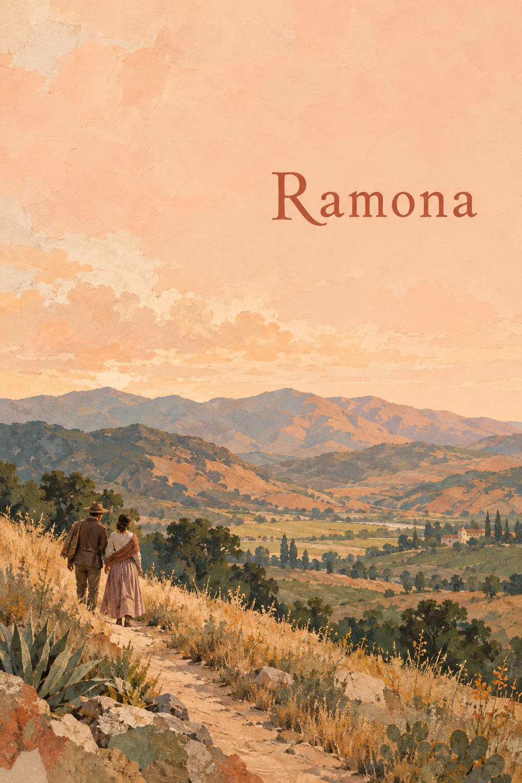 Two people walk together through sunlit California hills beneath a broad peach sky.