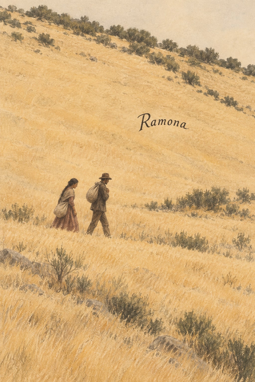 Two figures carrying bundles walk through a wide, golden landscape.