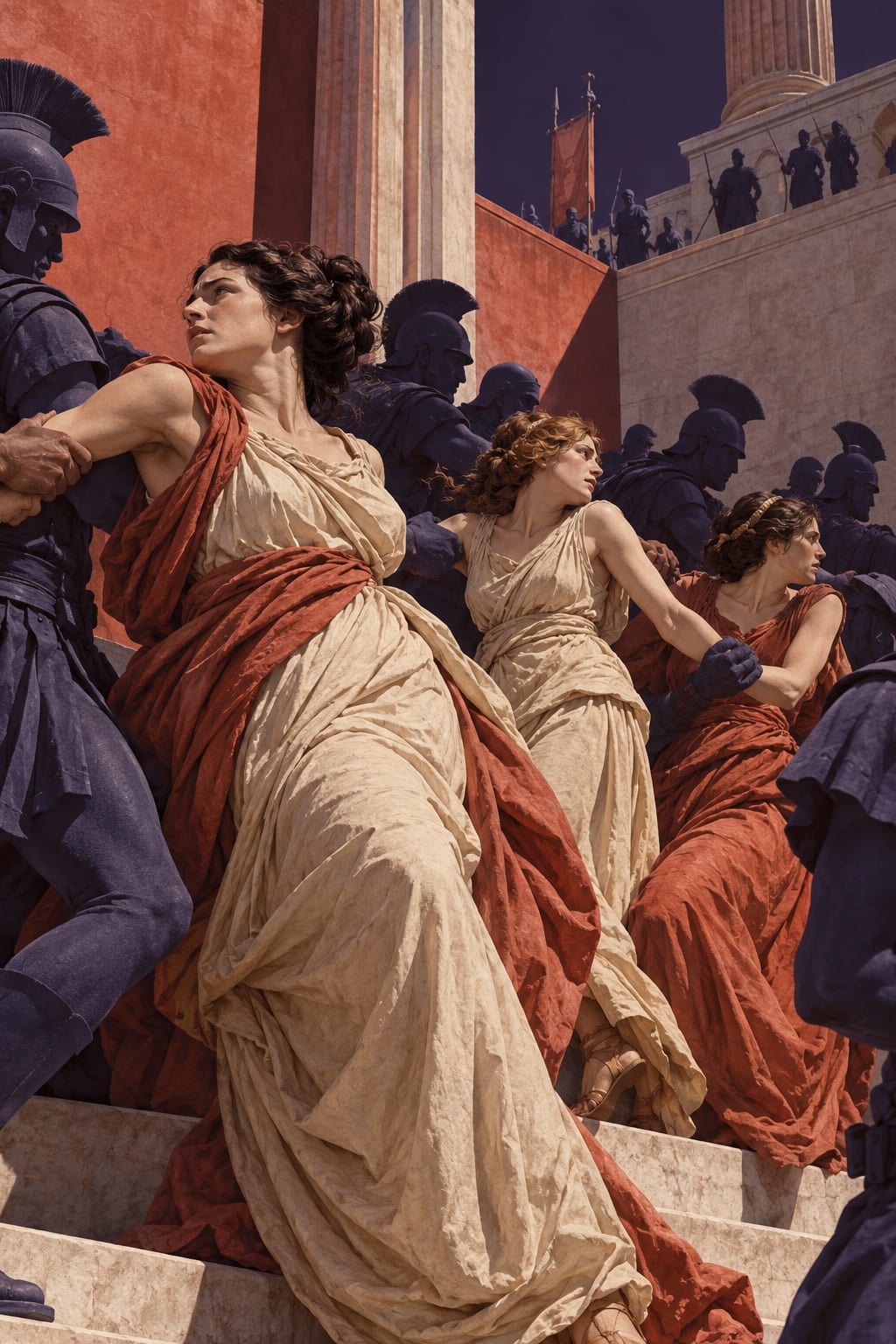 Women in Roman drapery turn and resist an ordered crowd of dark figures.