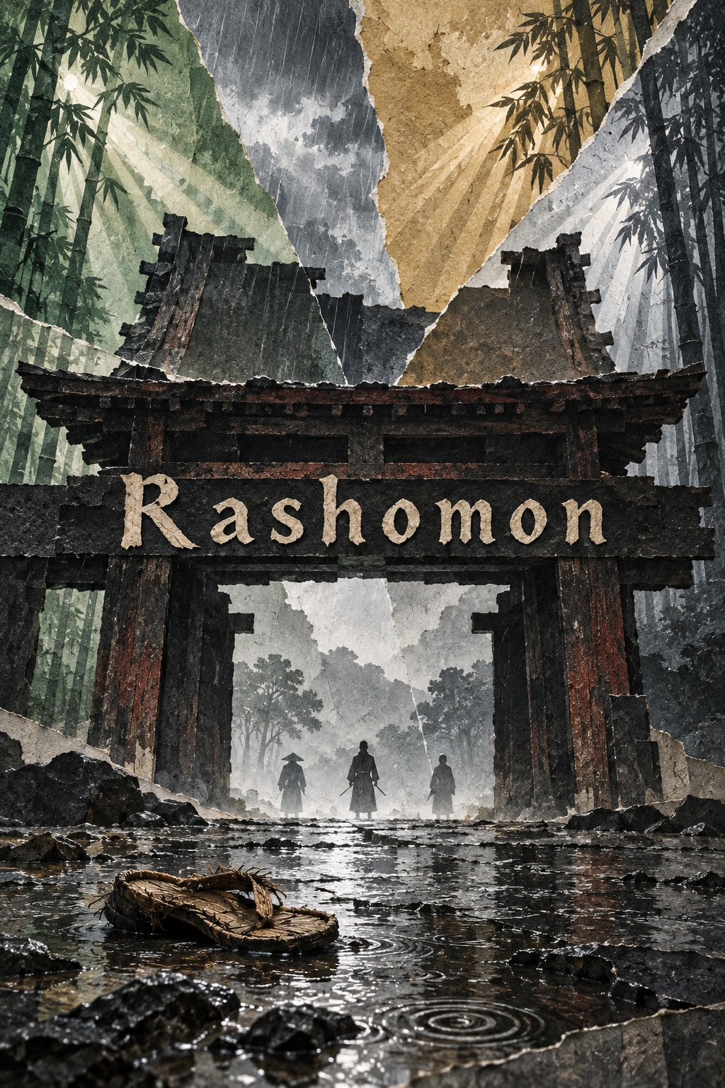 Rashomon: A ruined gate stands beneath conflicting layers of rainy and sunlit paper forest.