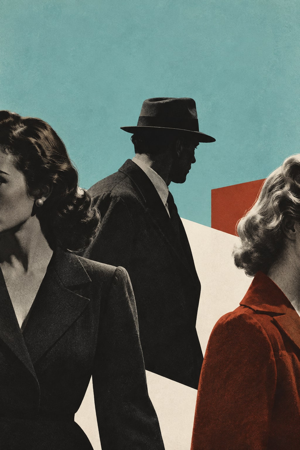 Three cropped figures face different directions: a man in a hat between two women.